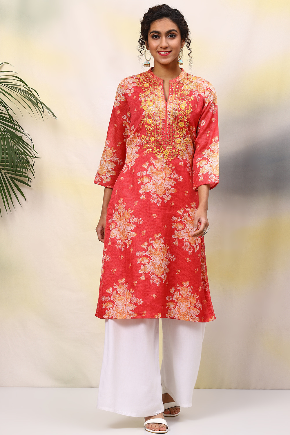 Red Poly Cotton Straight Printed Kurta image number 0