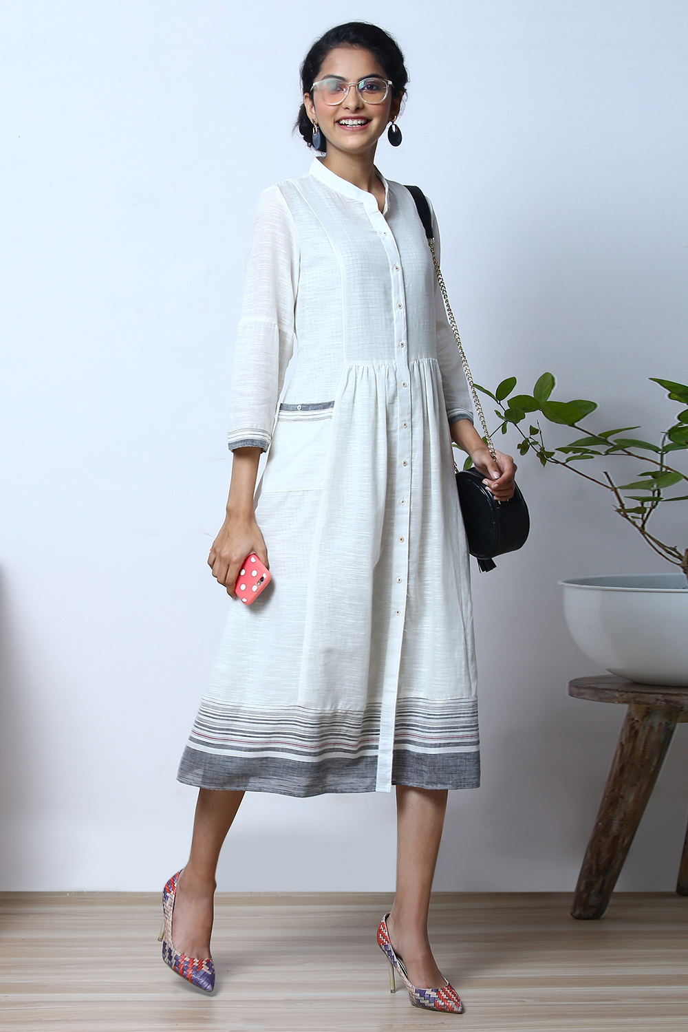 White Cotton A-Line  Yarndyed Kurta Dress image number 6