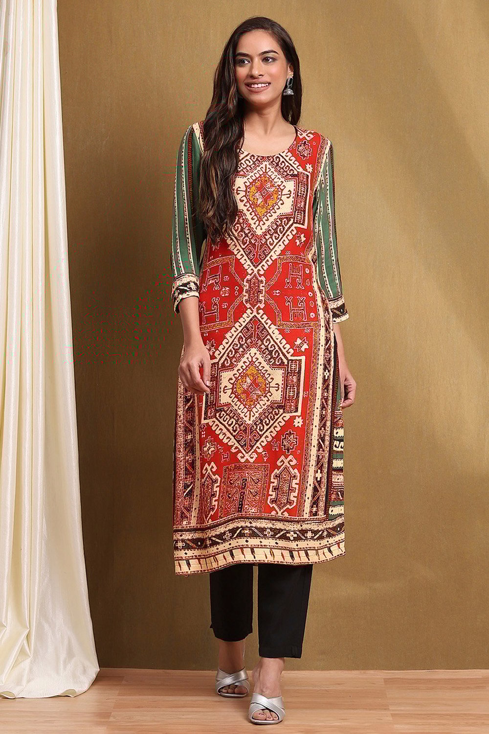 Red-Green Straight Kurta image number 5
