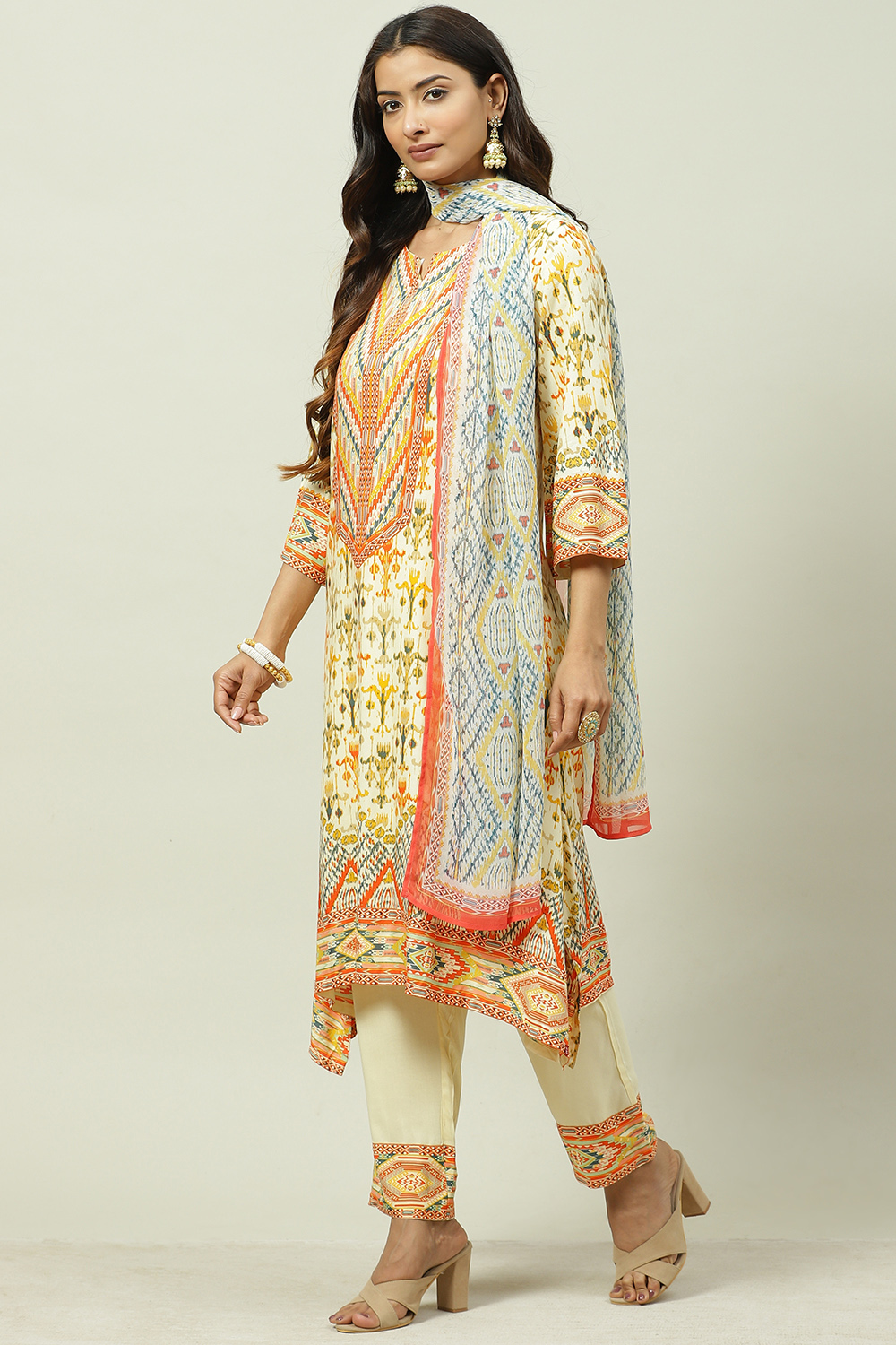 Pale Yellow Rayon Asymmetric Kurta Regular Pant Suit Set image number 0