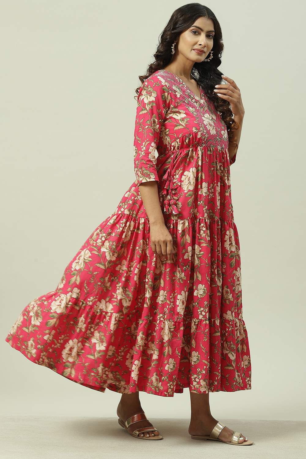 Navy Cotton Tiered Printed Dress image number 3
