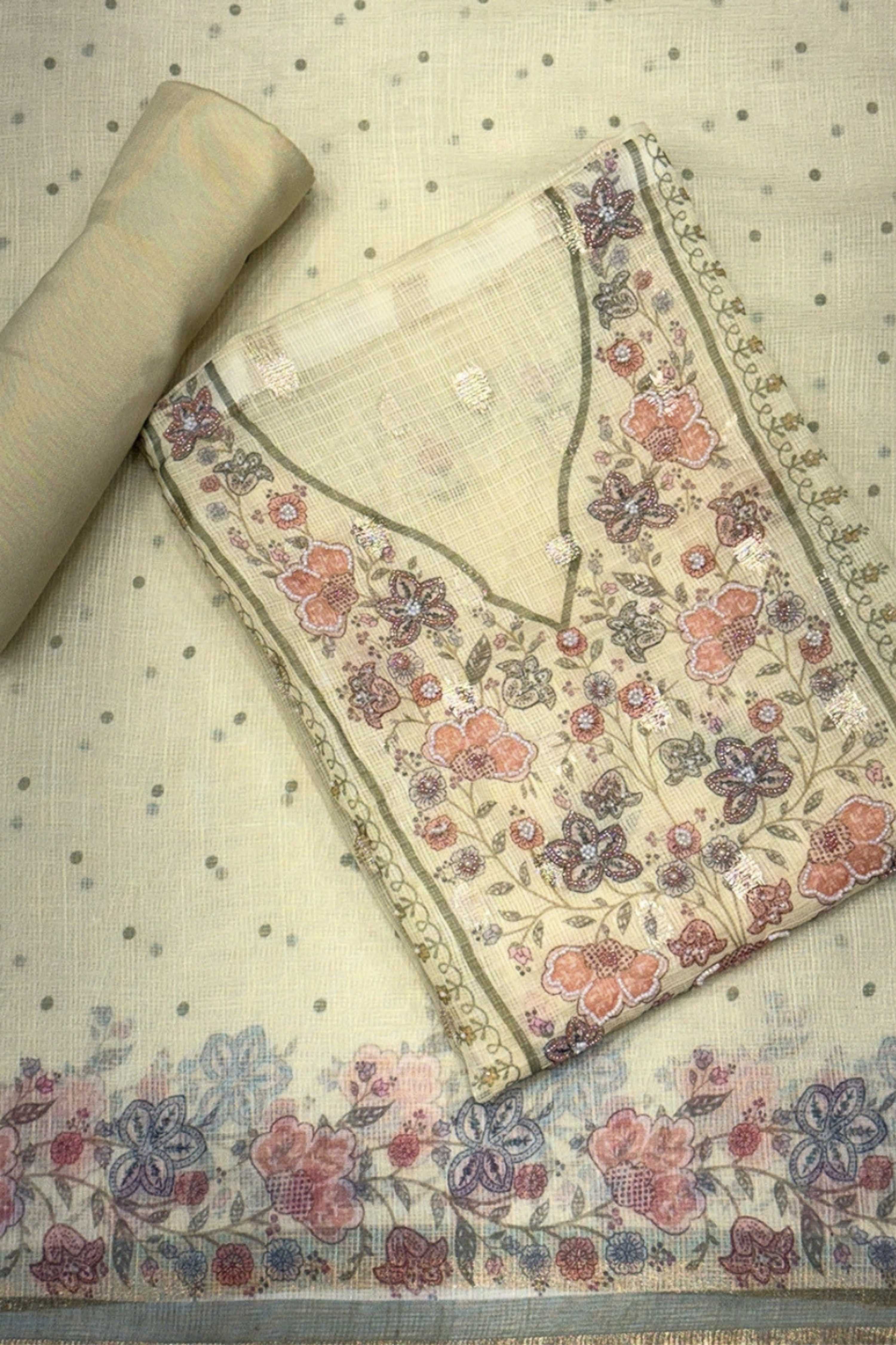 Teal Kota Cotton Neck Embroidered Unstitched Suit Set image number 0