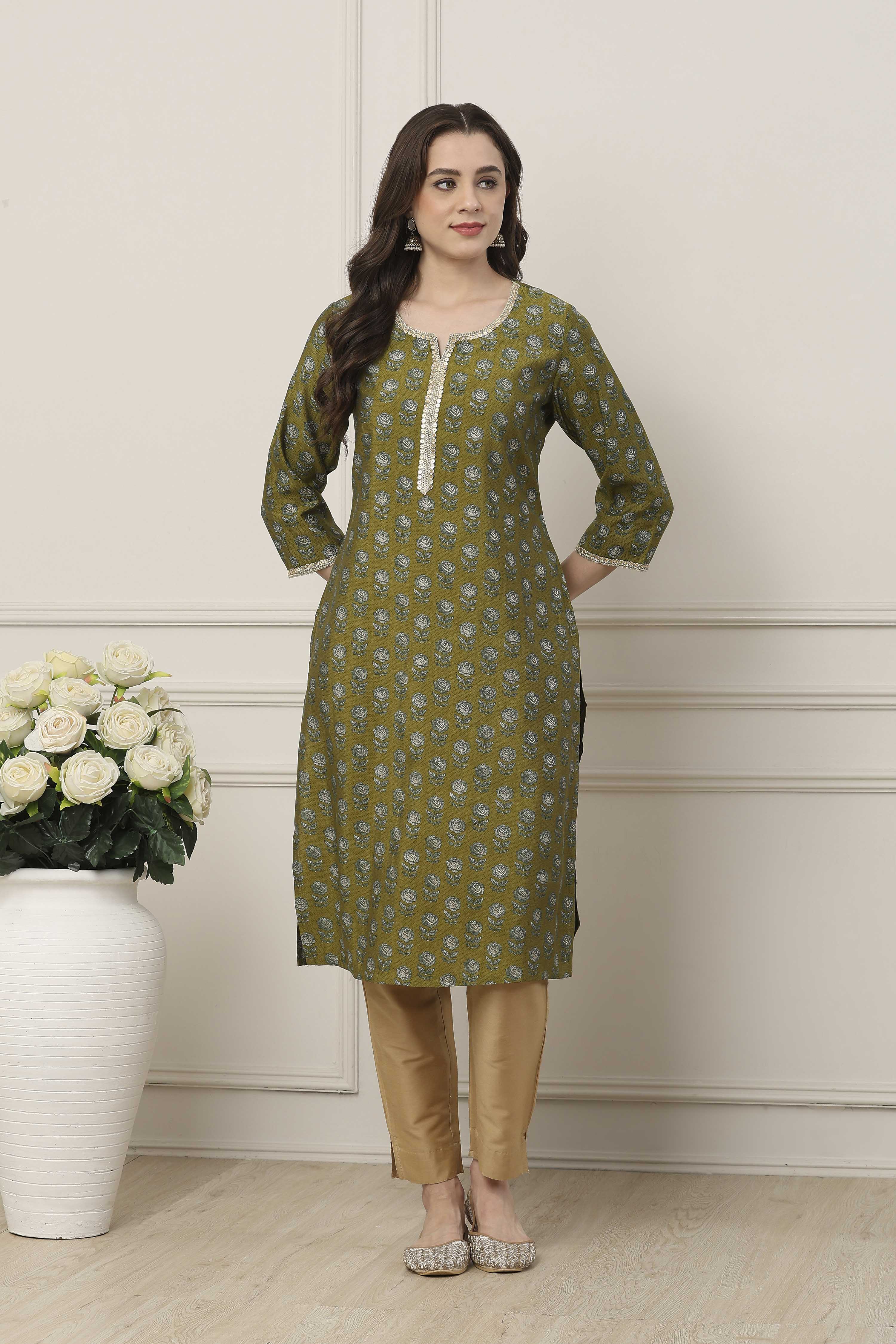 Orange All-Over Floral Printed Straight Kurta image number 5