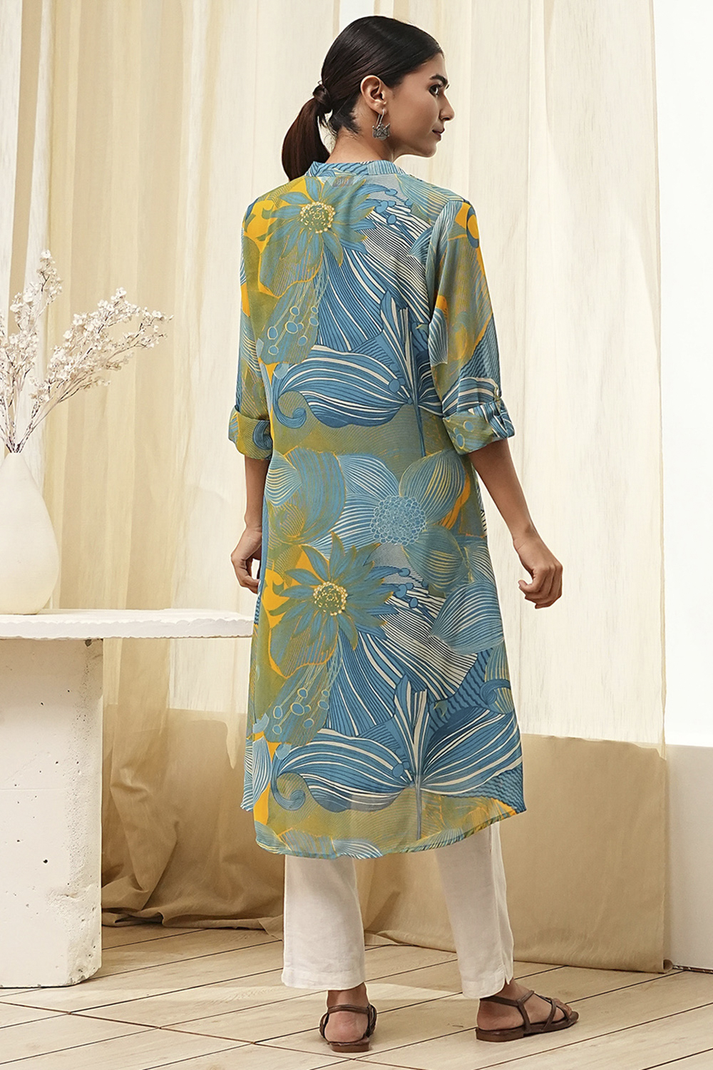 Blue Printed Pleated A-Line Kurta image number 3