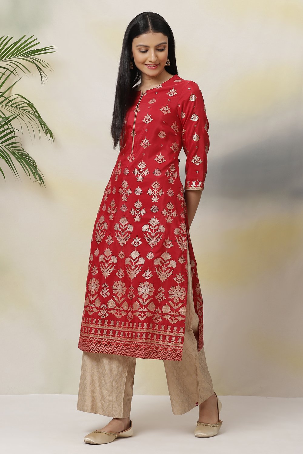 Red Art Silk Straight Printed Kurta image number 2