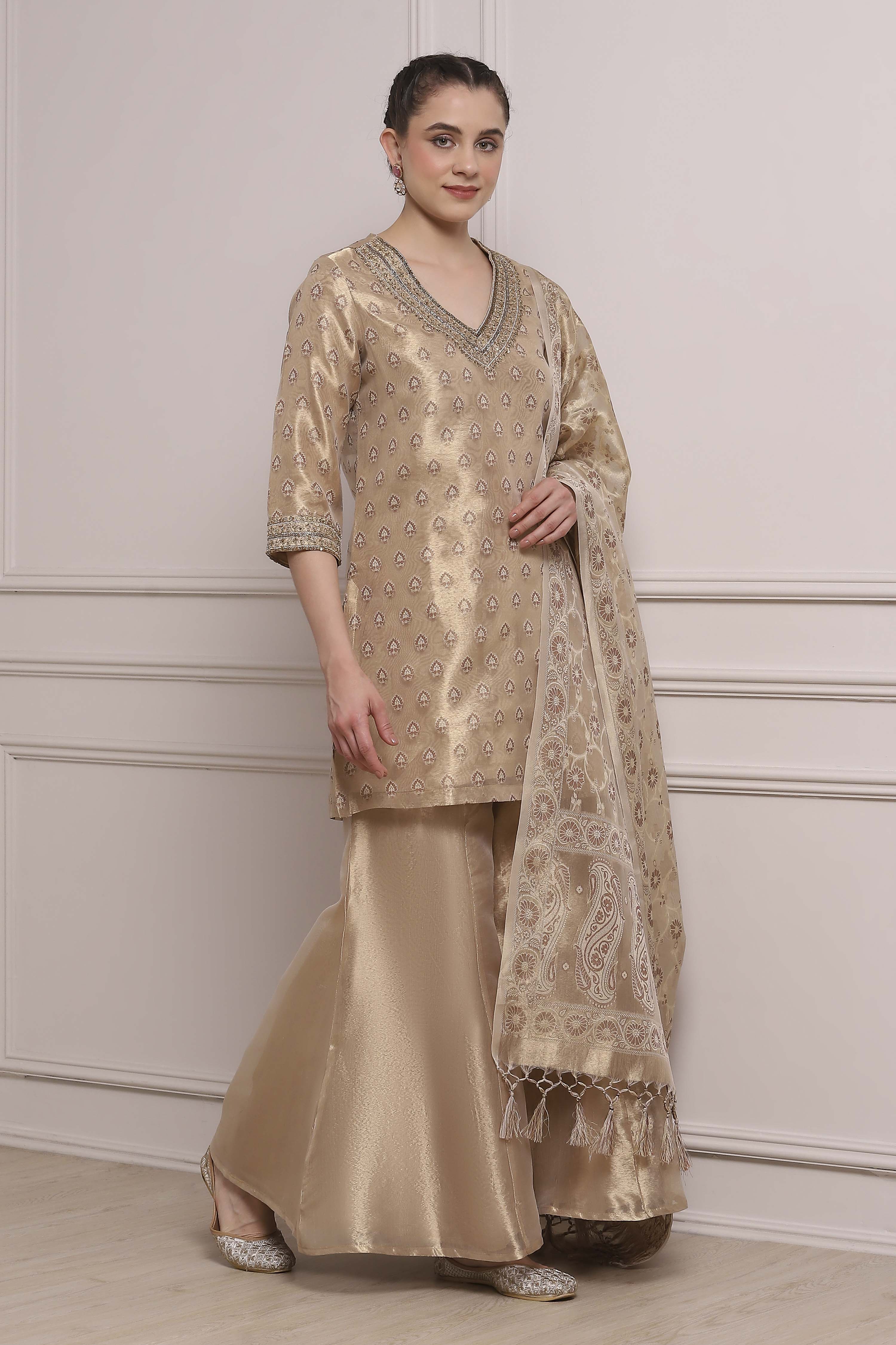 Gold Cotton Straight Yarndyed Sharara Suit Set image number 5