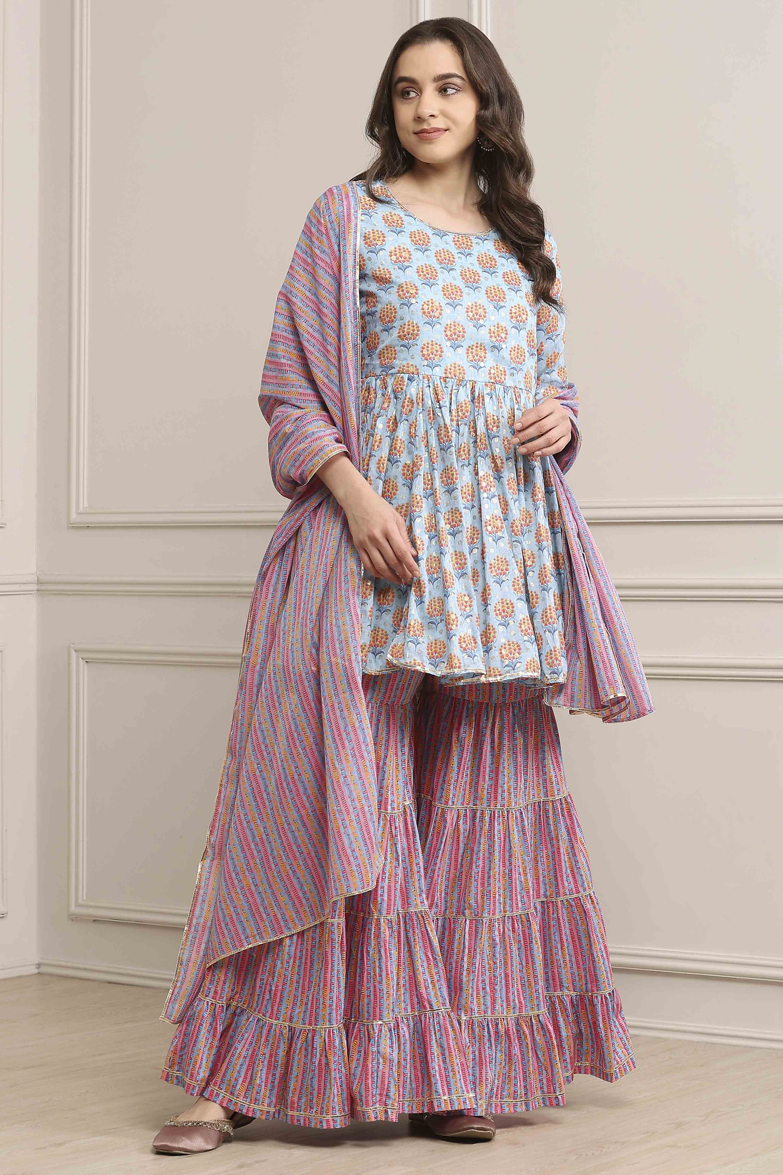 Light Blue Cotton Straight Kurta Garara Suit Set image number 0