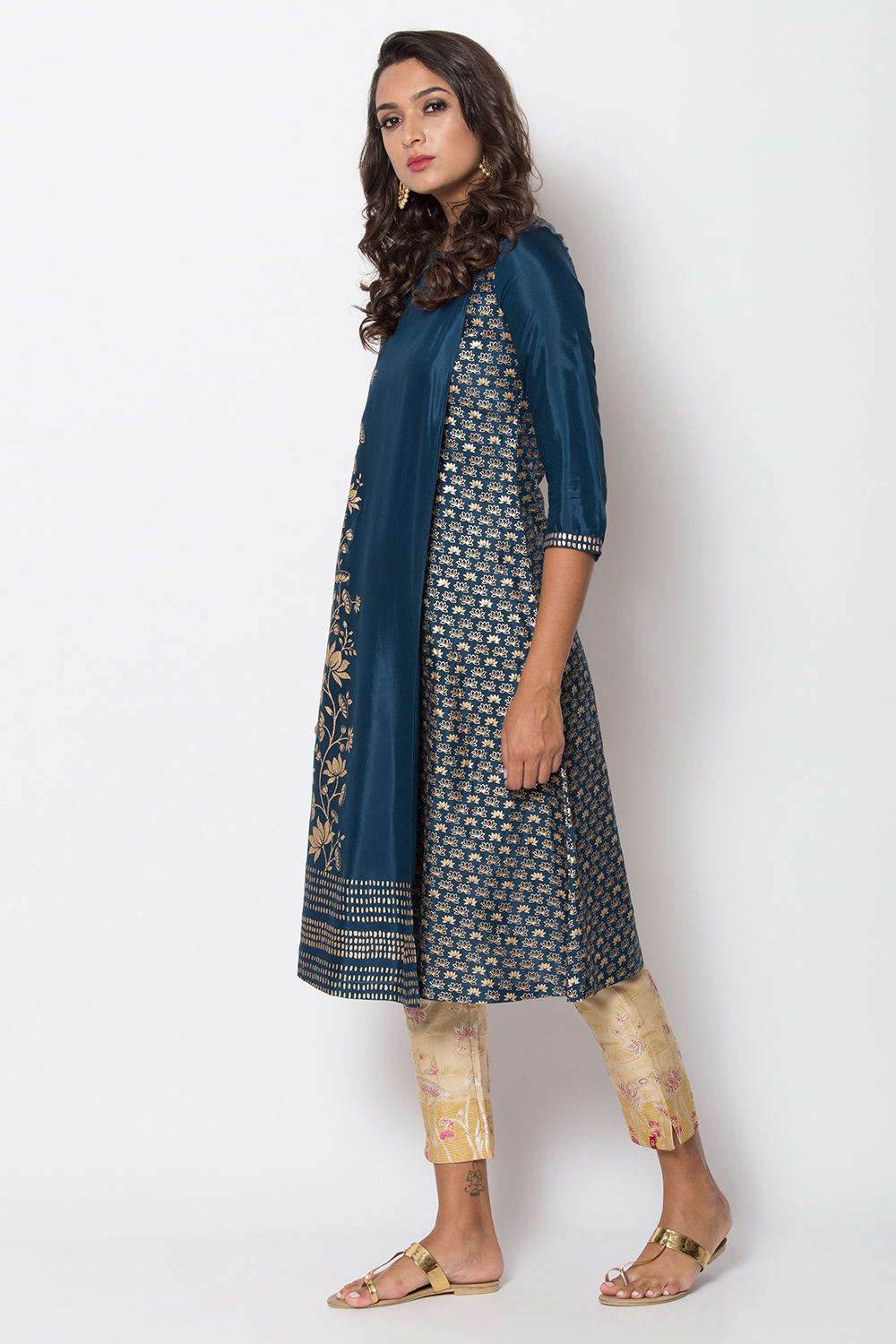 Navy Blue Viscose A-Line Printed Kurta image number 4