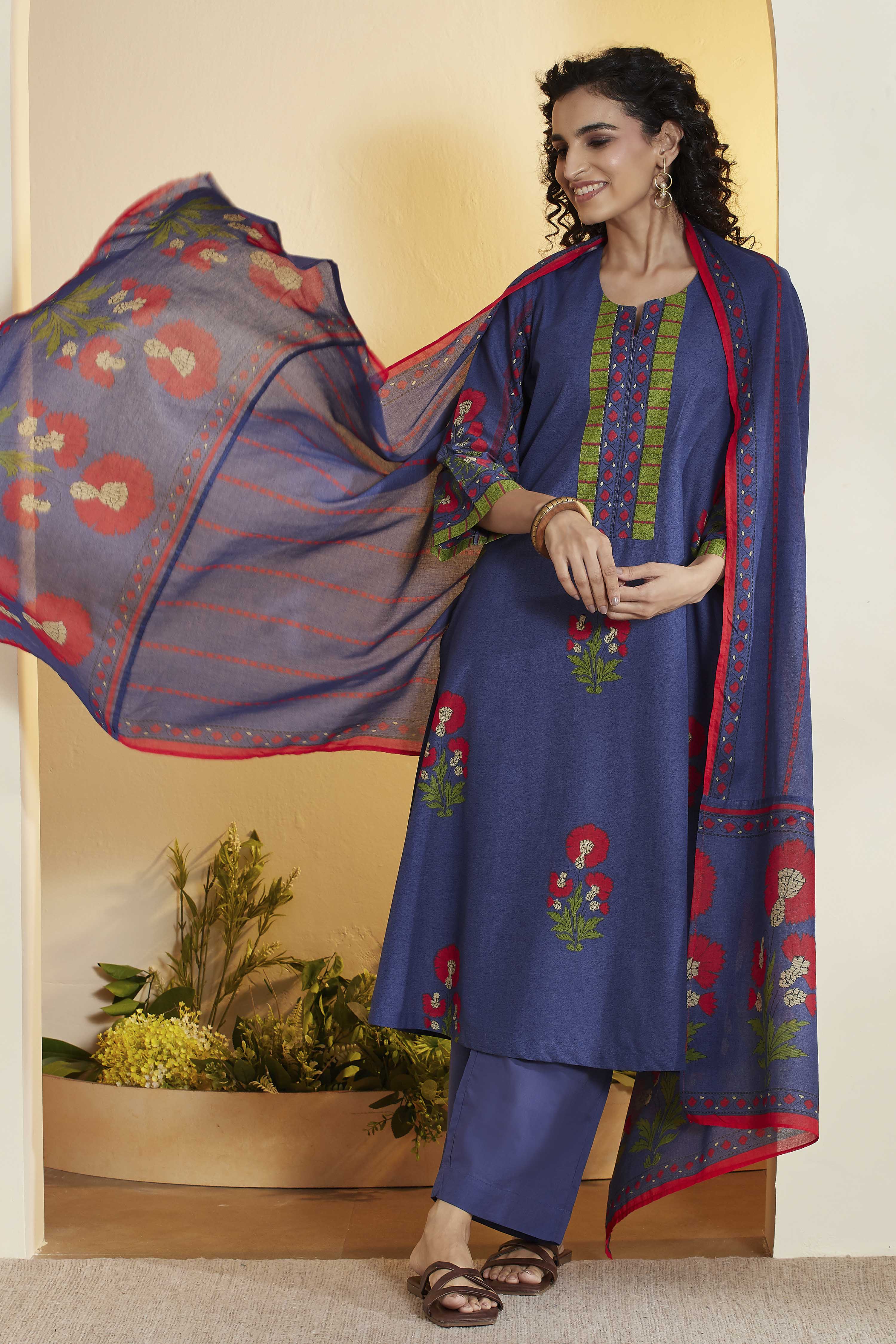 Blue Cotton Straight Suit Set image number 0