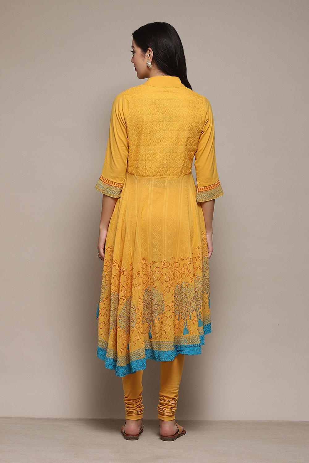 Yellow & Blue Cotton Anarkali Solid Kurta Churidar Suit Set image number 4