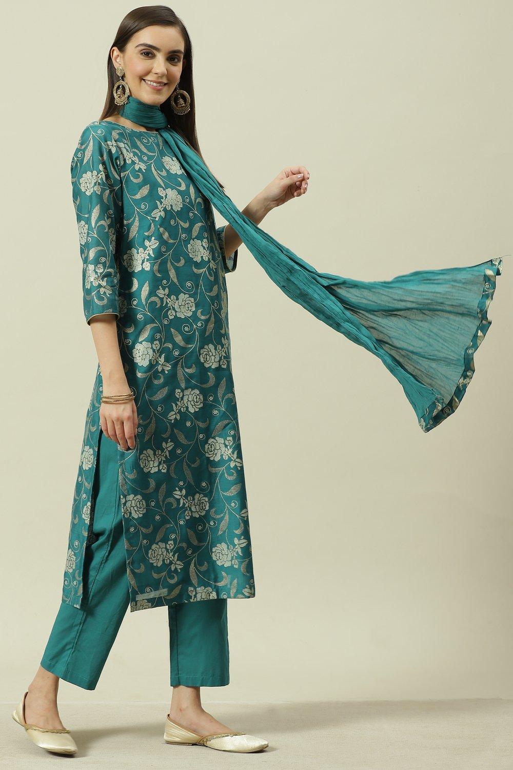 Peacock Green Printed Straight Kurta Regular Pants Suit Set image number 5