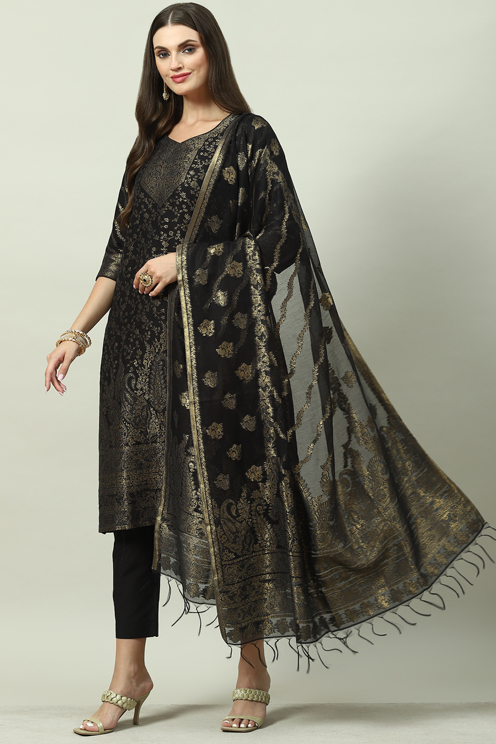 Black Art Silk Straight Kurta Slim Pants Suit Set image number 5