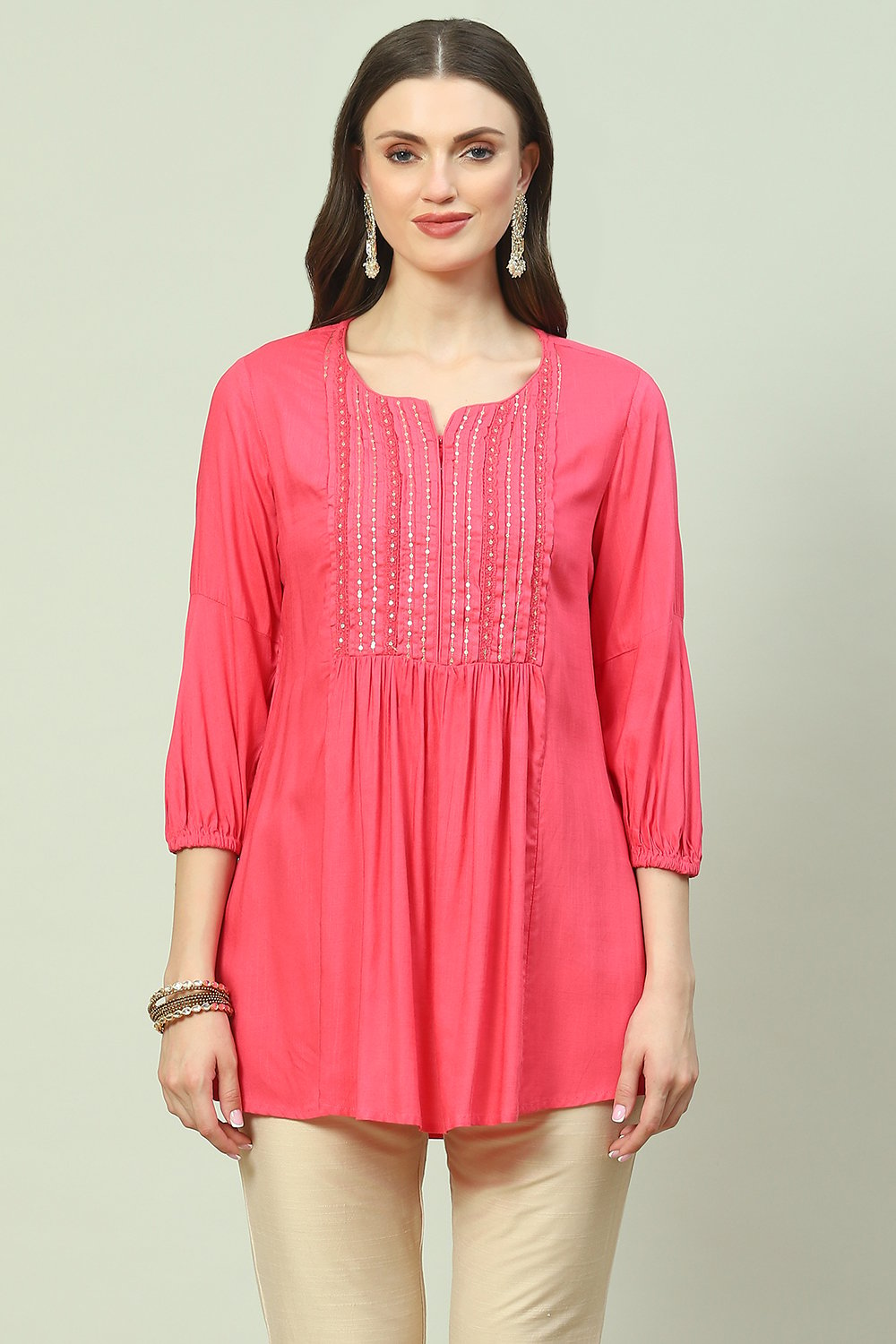 Pink LIVA Flared Solid Kurti image number 5