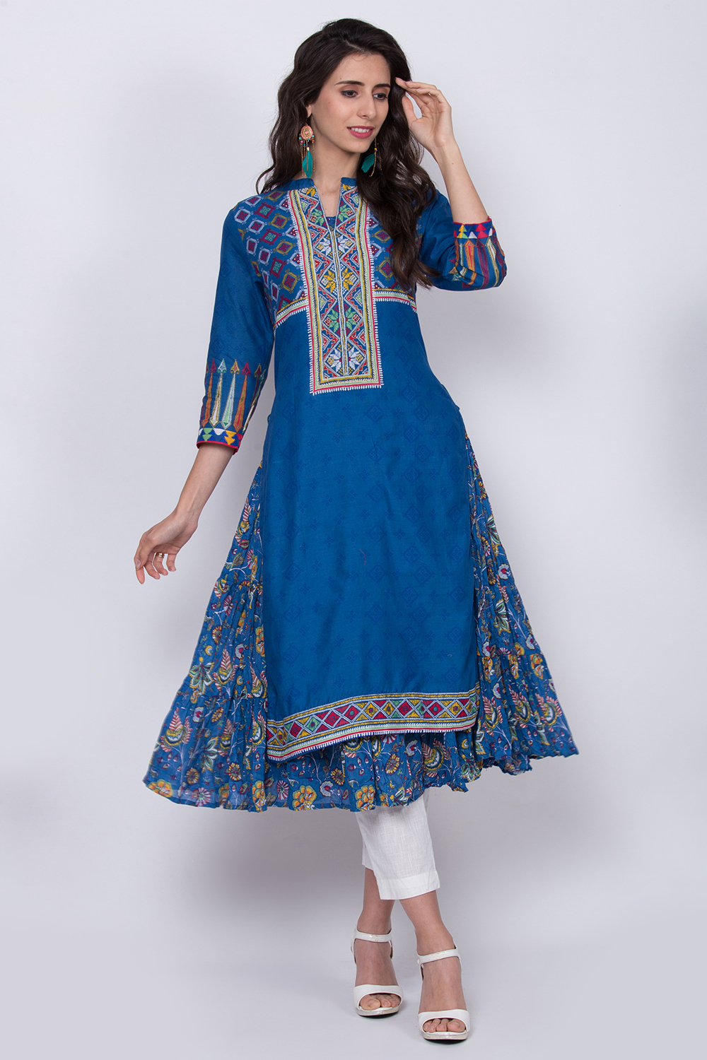 Ink Blue Cotton A-Line Printed Kurta image number 0