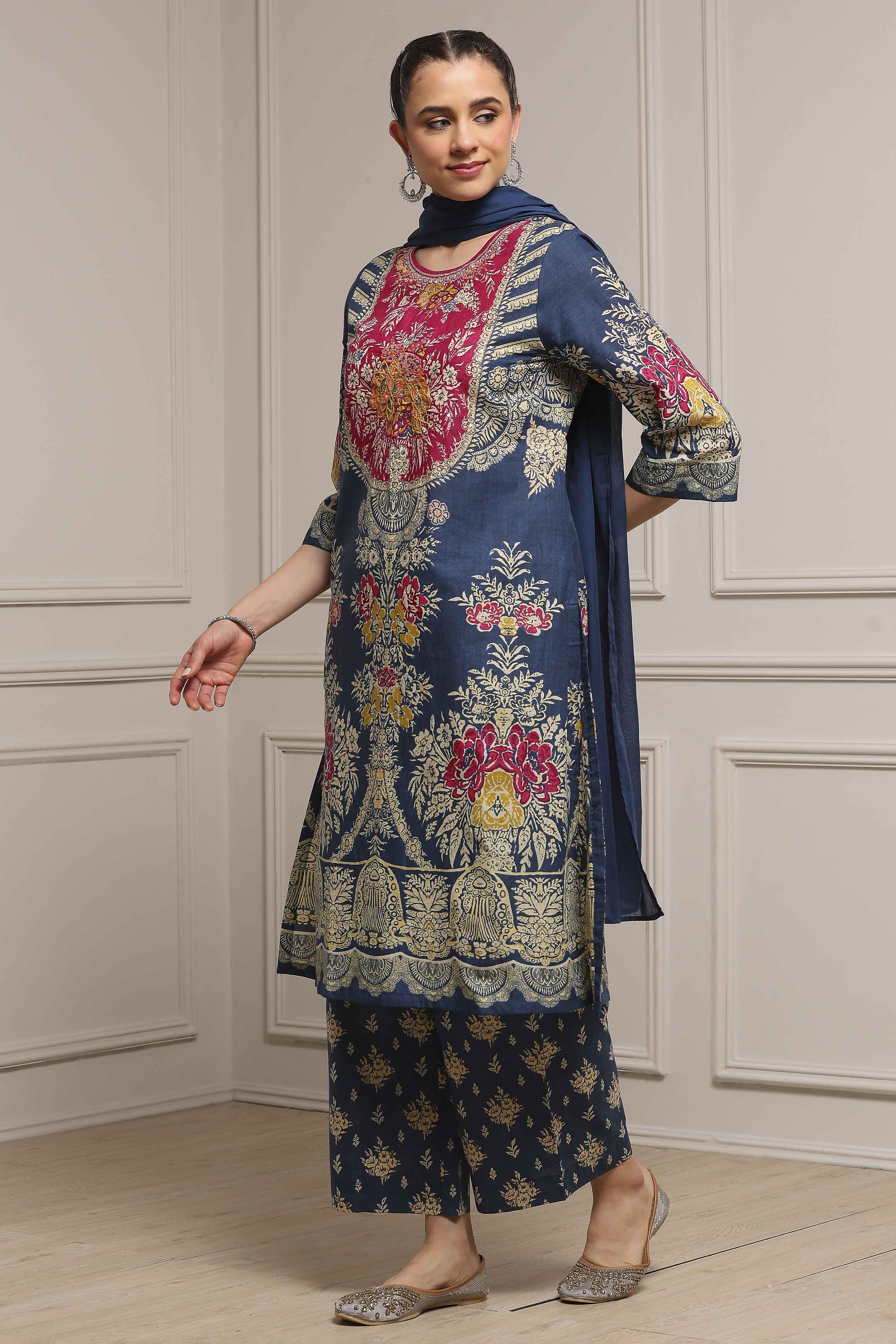Blue Cotton Printed Straight Suit Set image number 3