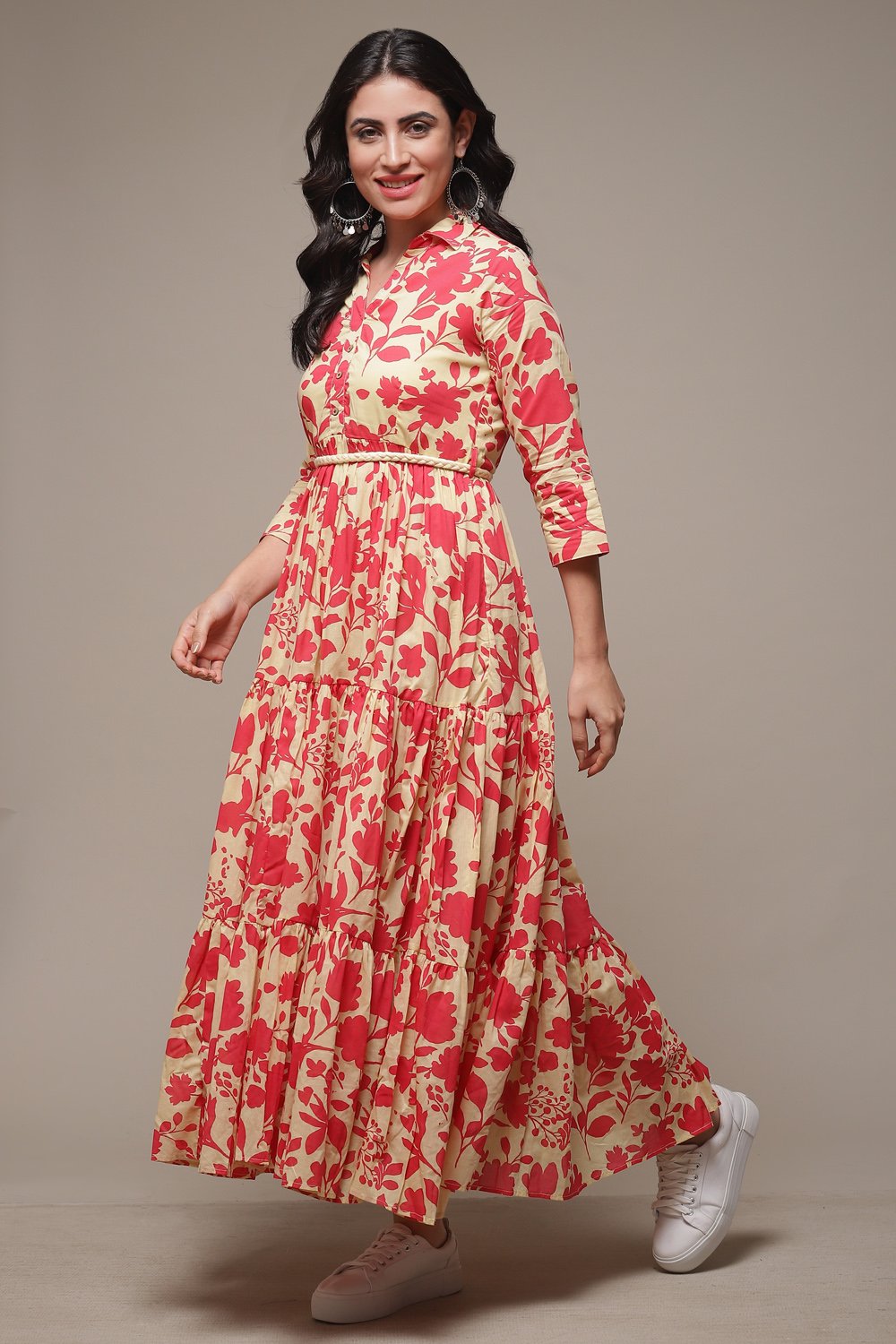 Beige Cotton Tiered Printed Dress image number 3