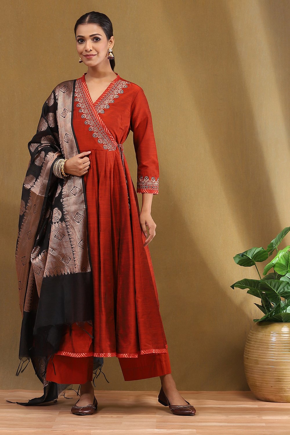 Rust Embroidered Angrakha Festive Anarkali Suit Set image number 11