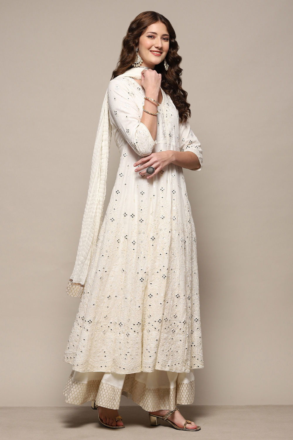 Off White Cotton Anarkali Lehenga Set image number 6