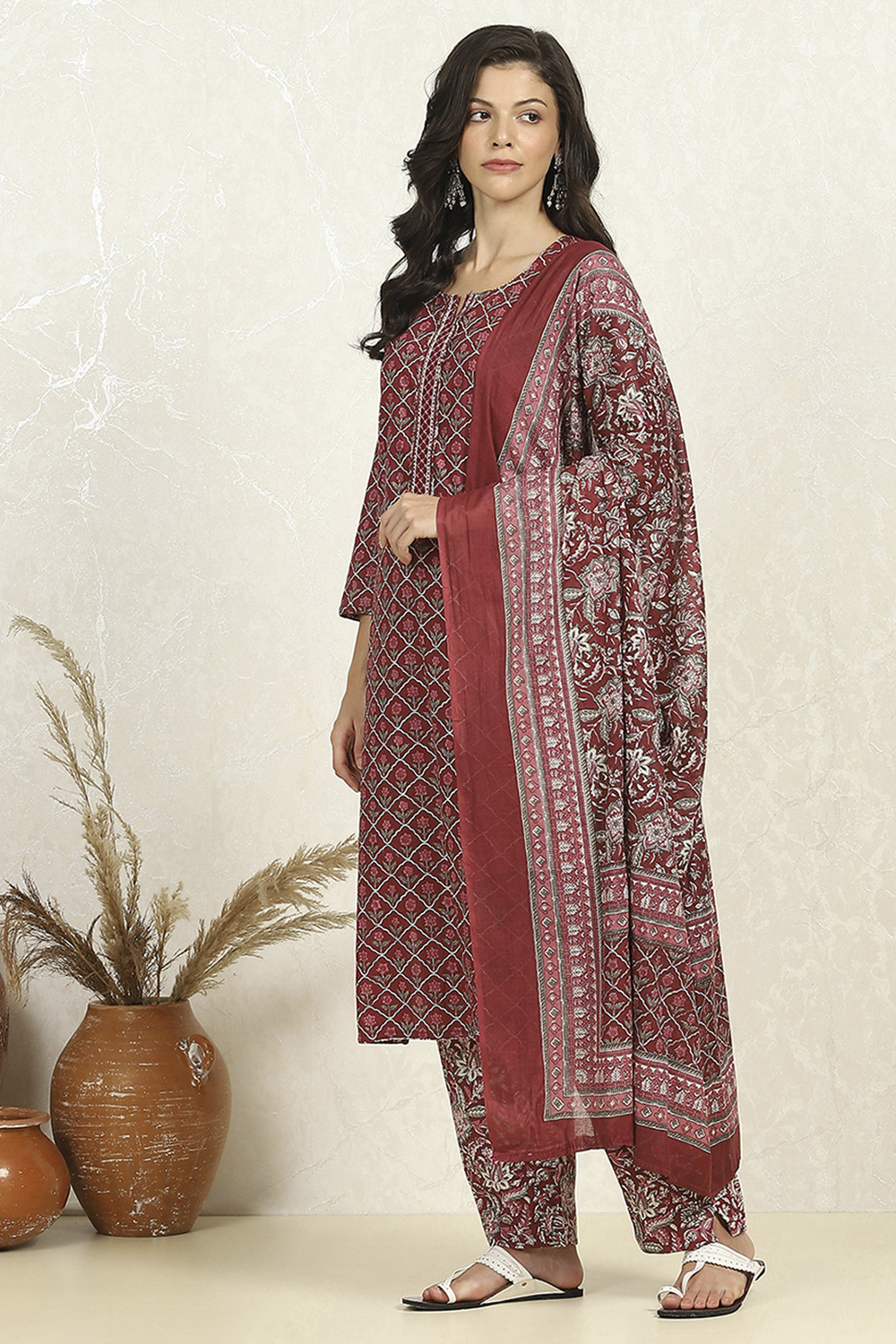 Blue Cotton Unstitched Suit Set image number 4
