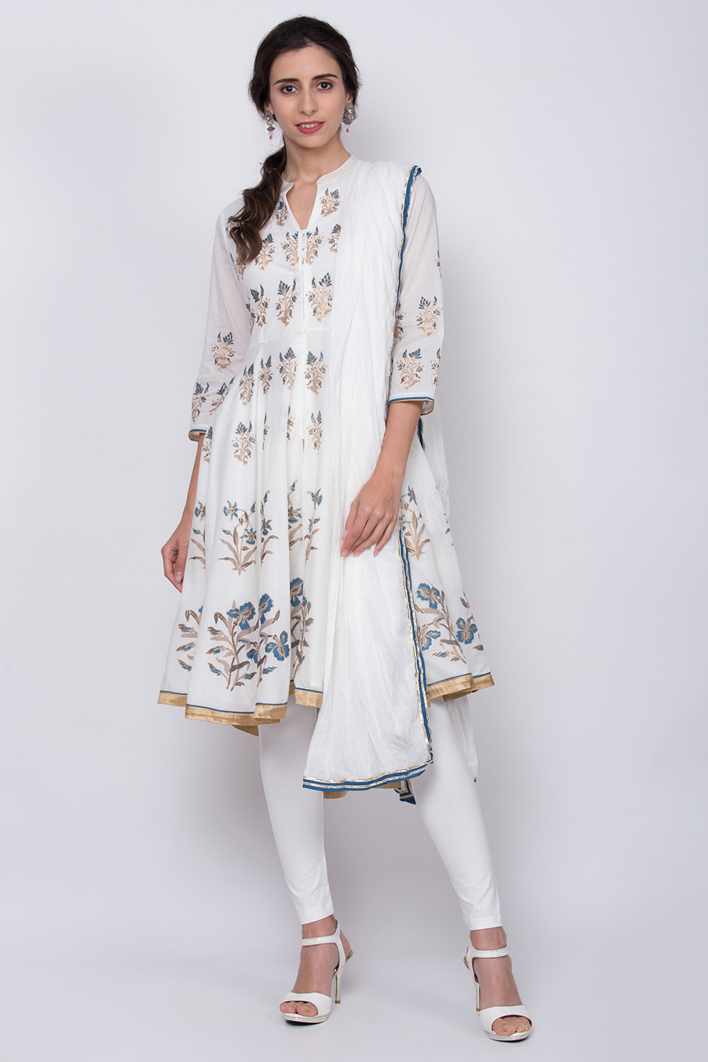 White Cotton Anarkali Kurta Legging Suit Set image number 0