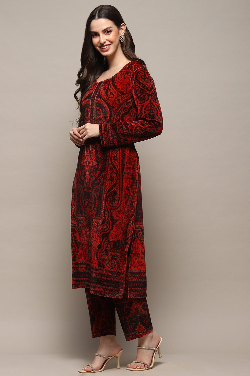 Burnt Orange Polyester Straight Printed Kurta image number 3