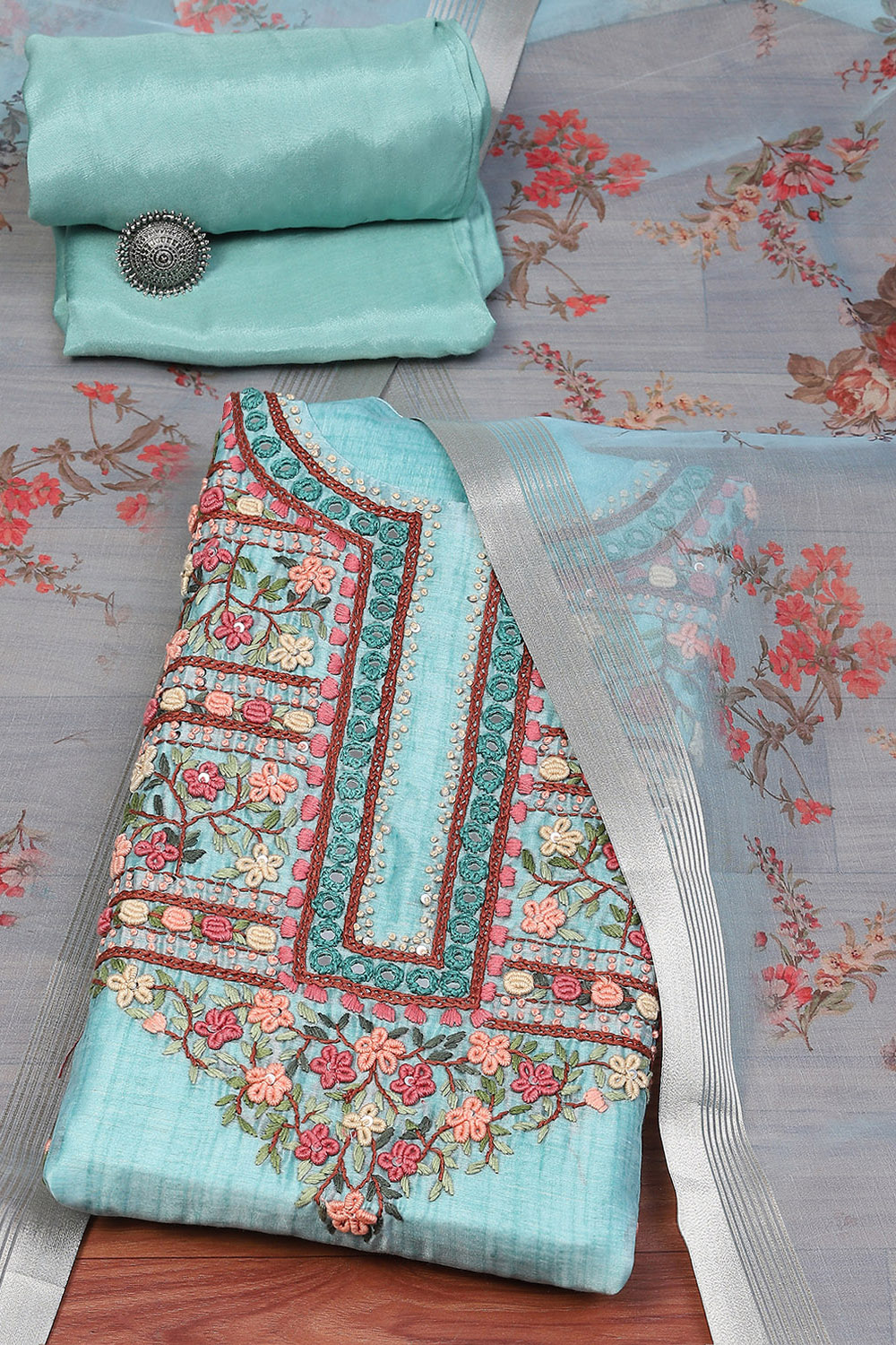 Blue Chanderi Unstitched Suit set image number 0