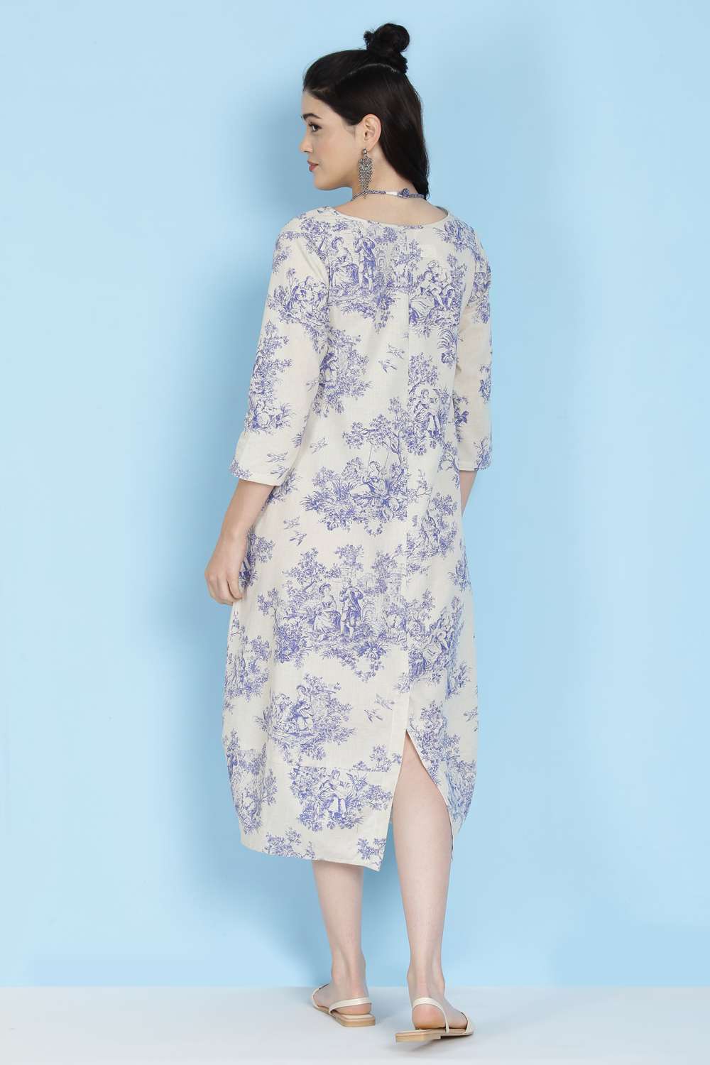 Buy Cream Cotton Flax A line Printed Kurta Dress for N A0.0