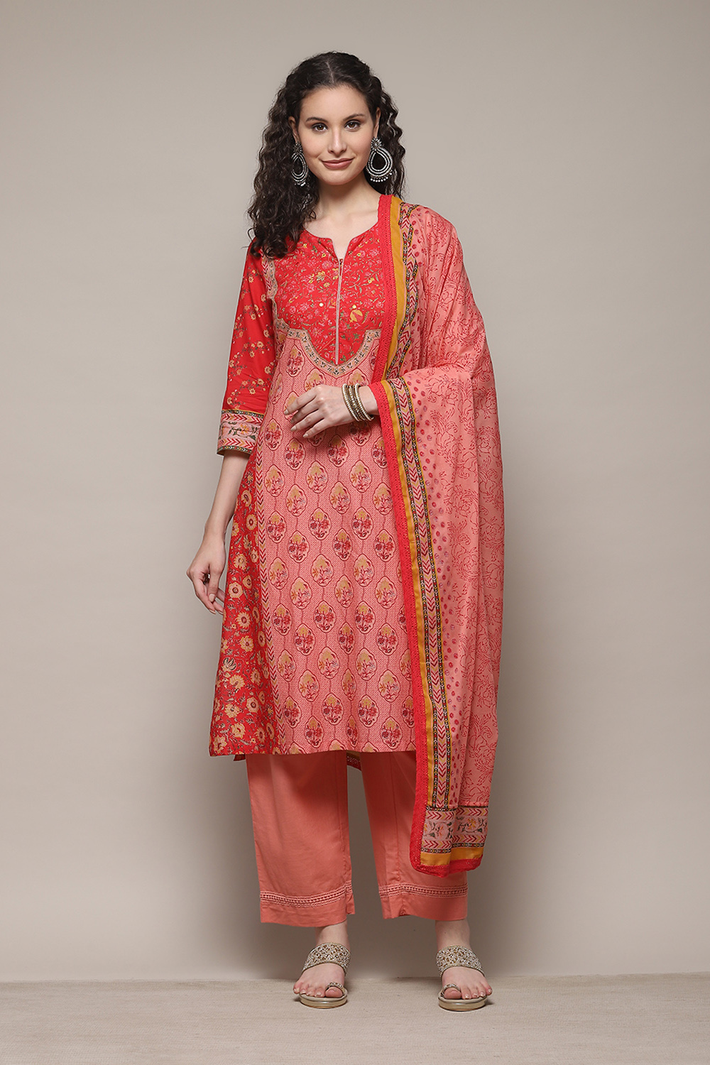 Red Cotton Blend Straight Printed Kurta Narrow Palazzo Suit Set image number 0