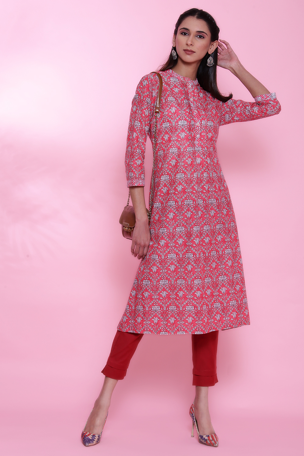 Pink Cotton A-Line Printed Kurta image number 5