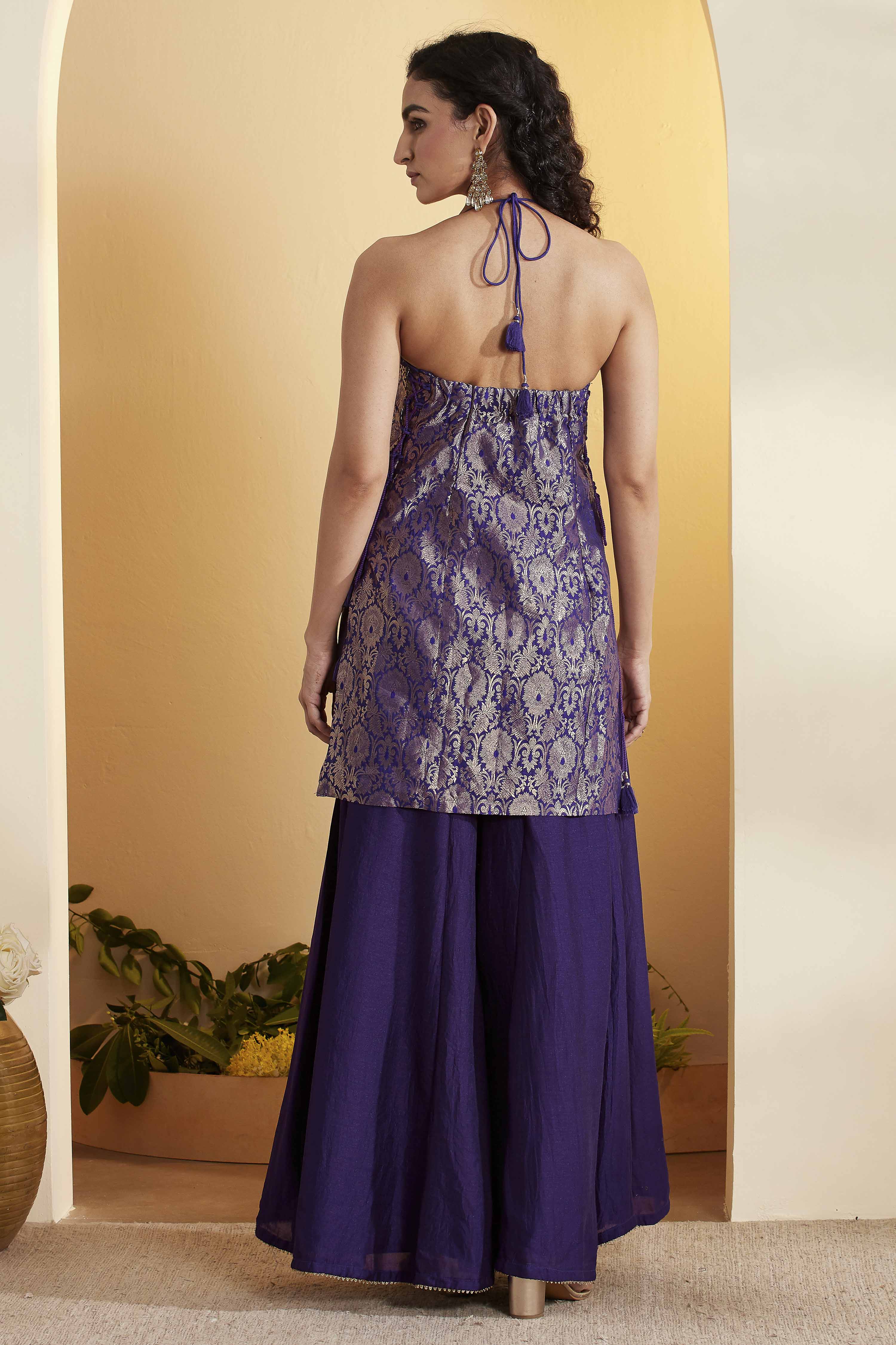 Violet Blue Viscose Rayon Halter Neck Sharara Set image number 5