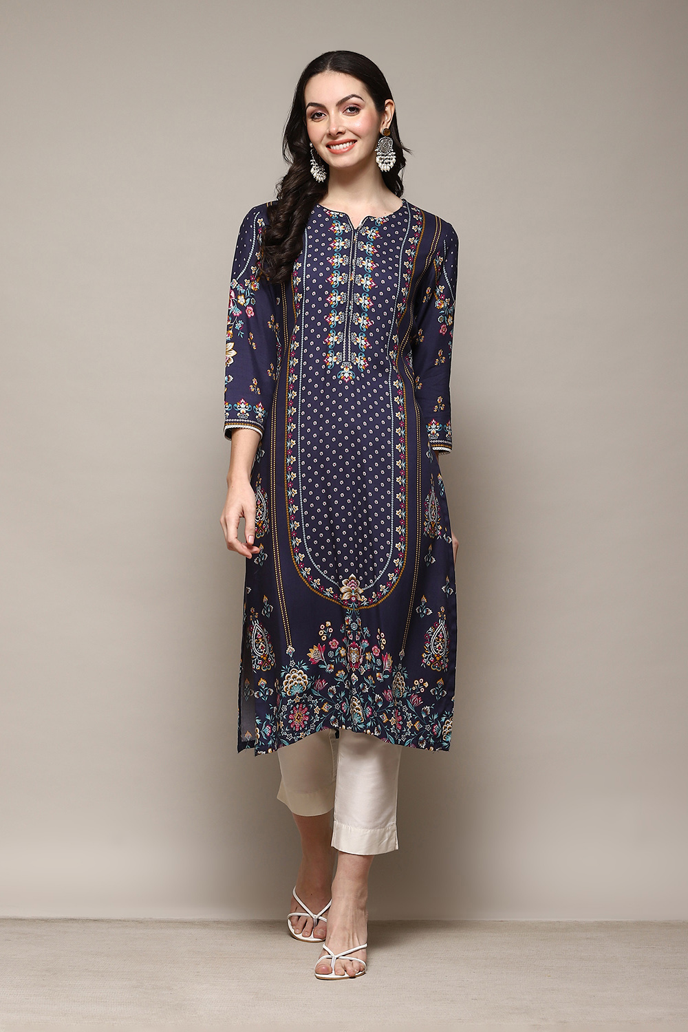 Navy LIVA Straight Printed Kurta image number 5