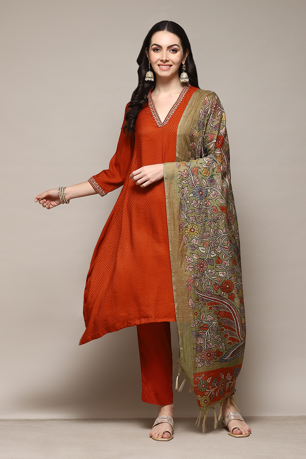 Burnt Orange LIVA Asymmetric Kurta Slim Pant Suit Set image number 7