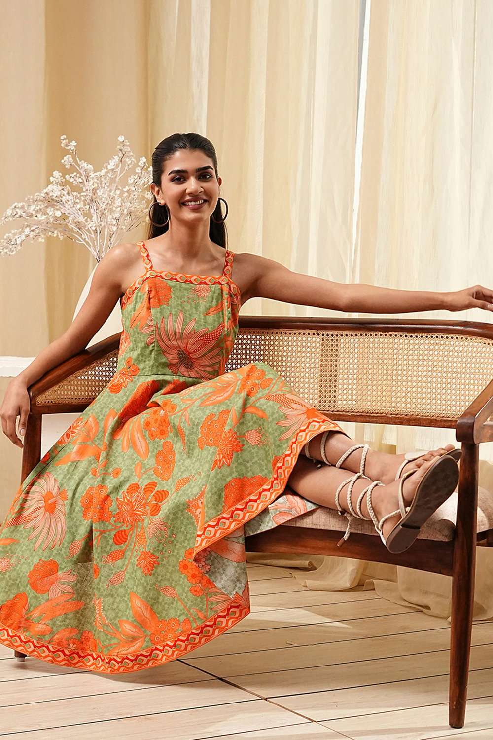 Green Cotton Blend Floral Printed Flared Dress image number 0