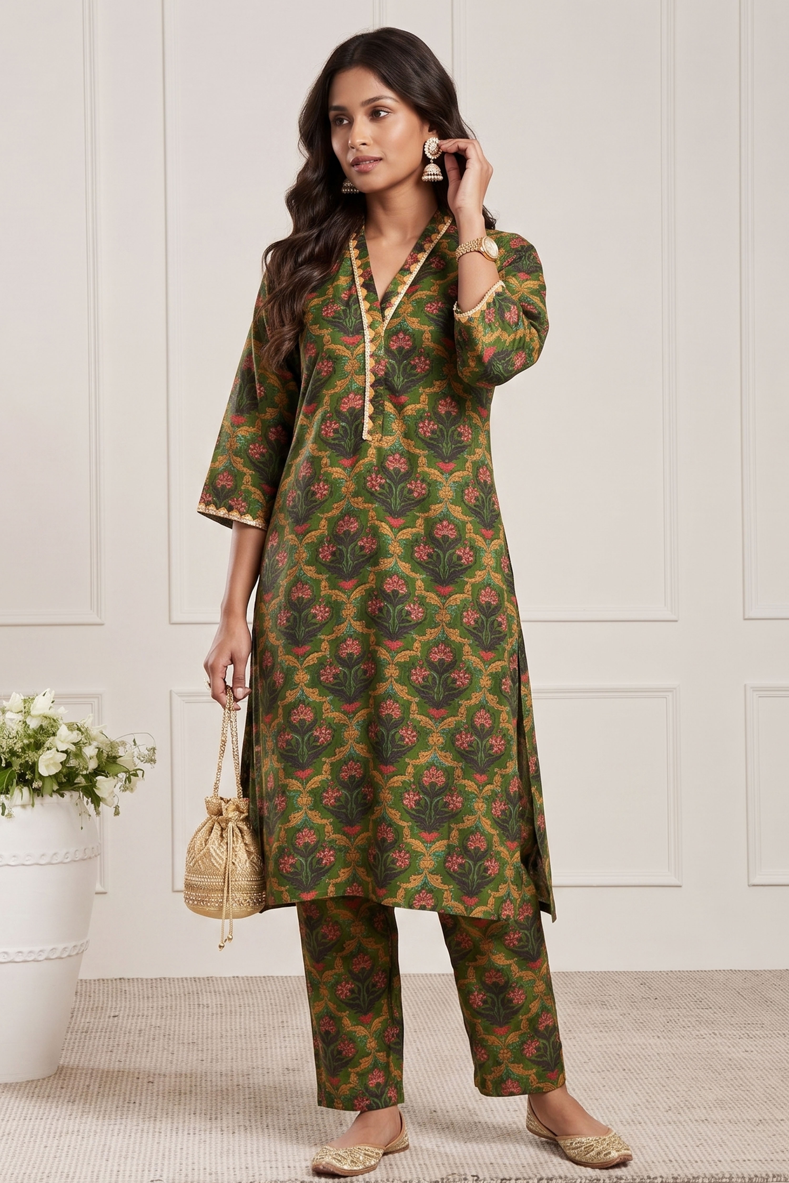 Green Poly Viscose Straight Kurta Pants Set image number 7