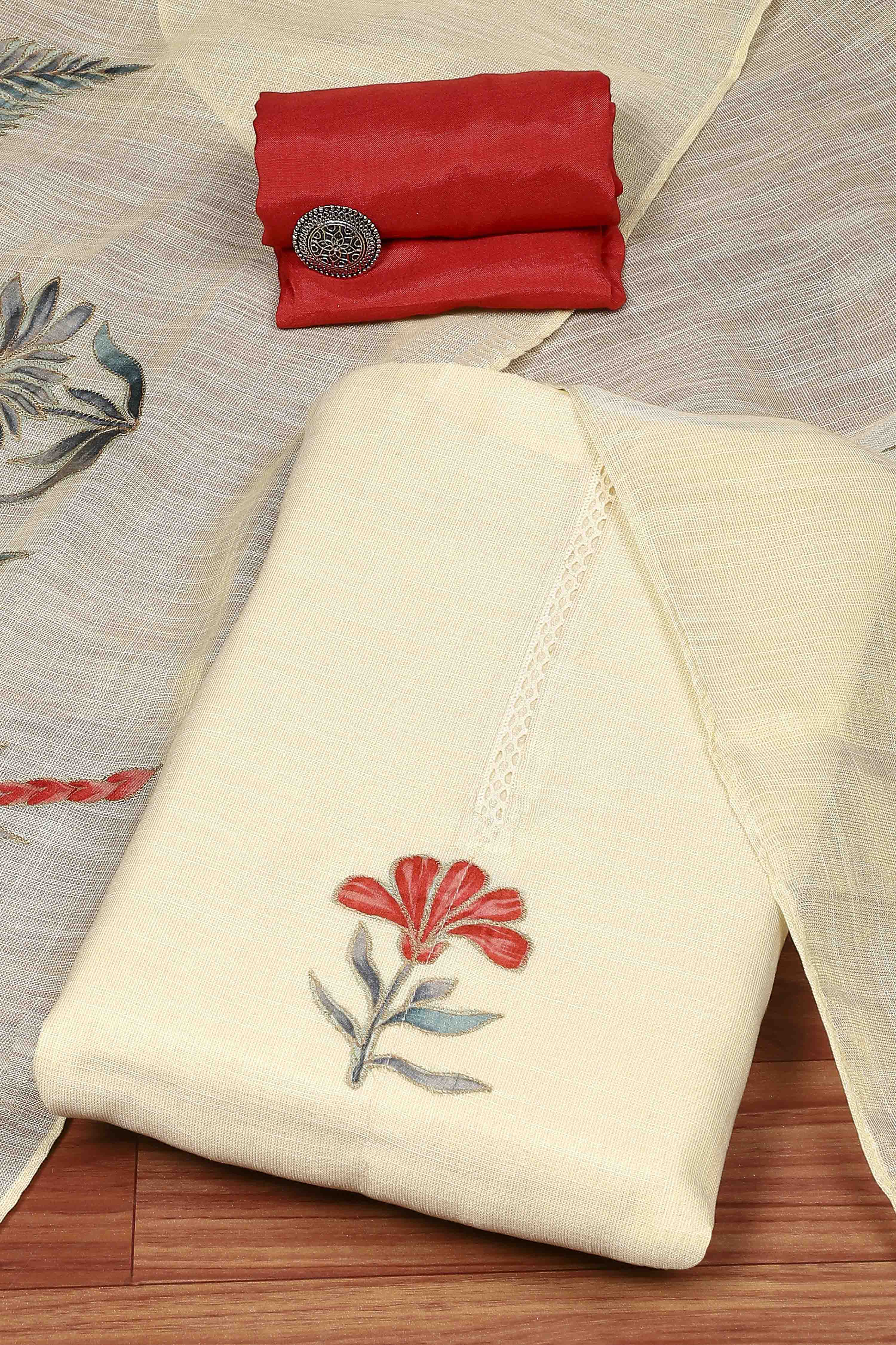 Beige Red Tissue Applique Unstitched Suit Set image number 0