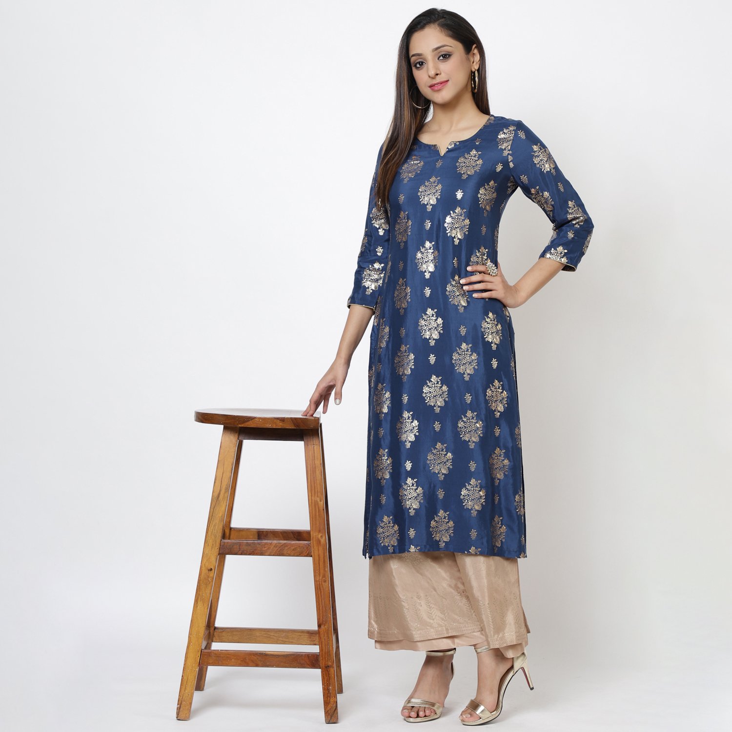 Navy Viscose Straight Printed Kurta image number 0