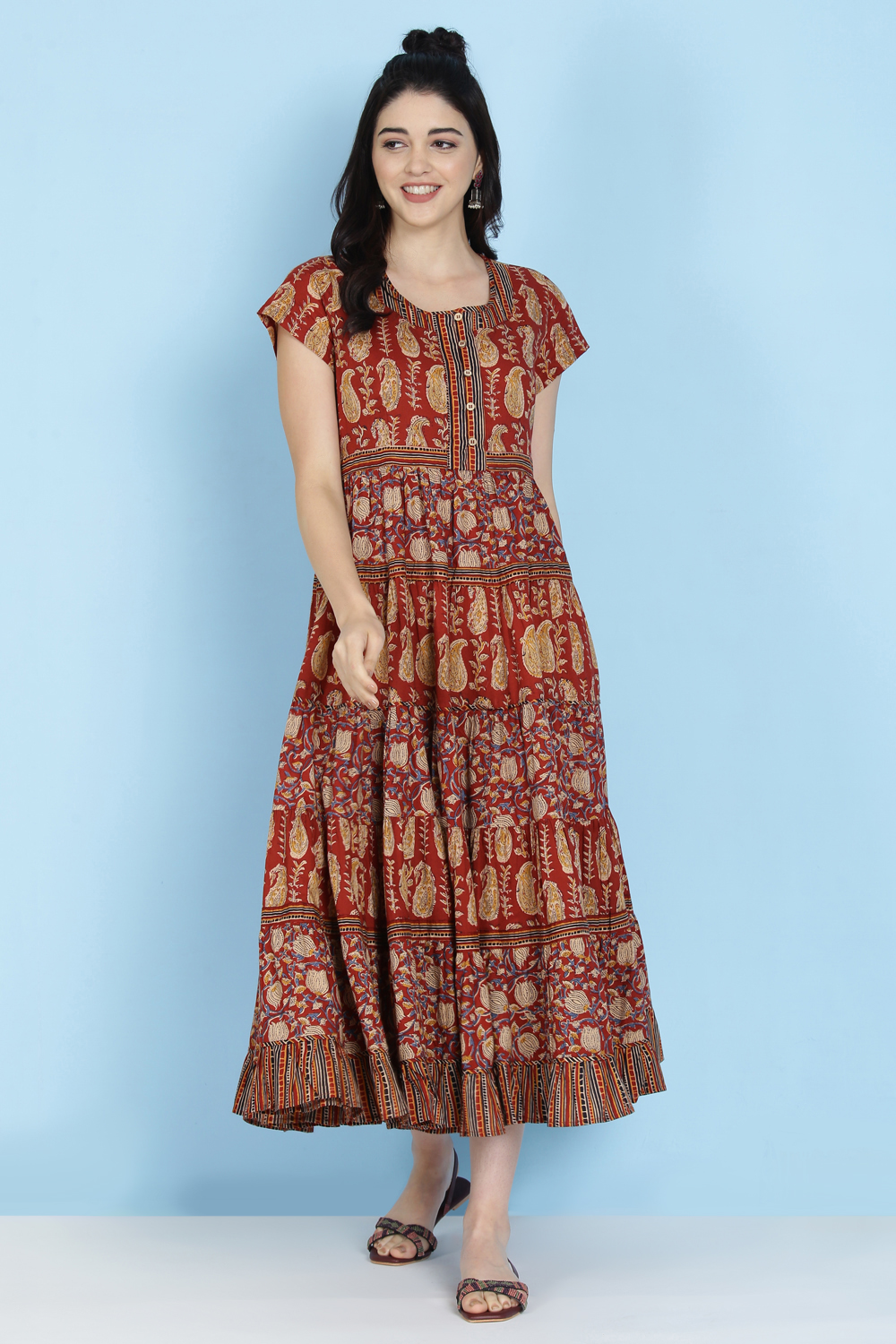 Rust Cotton Tiered Dress image number 2