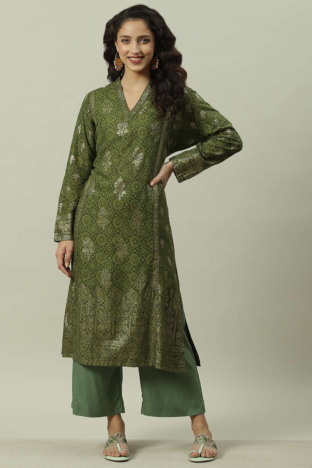 Green Rayon Straight Printed Kurta at Biba India