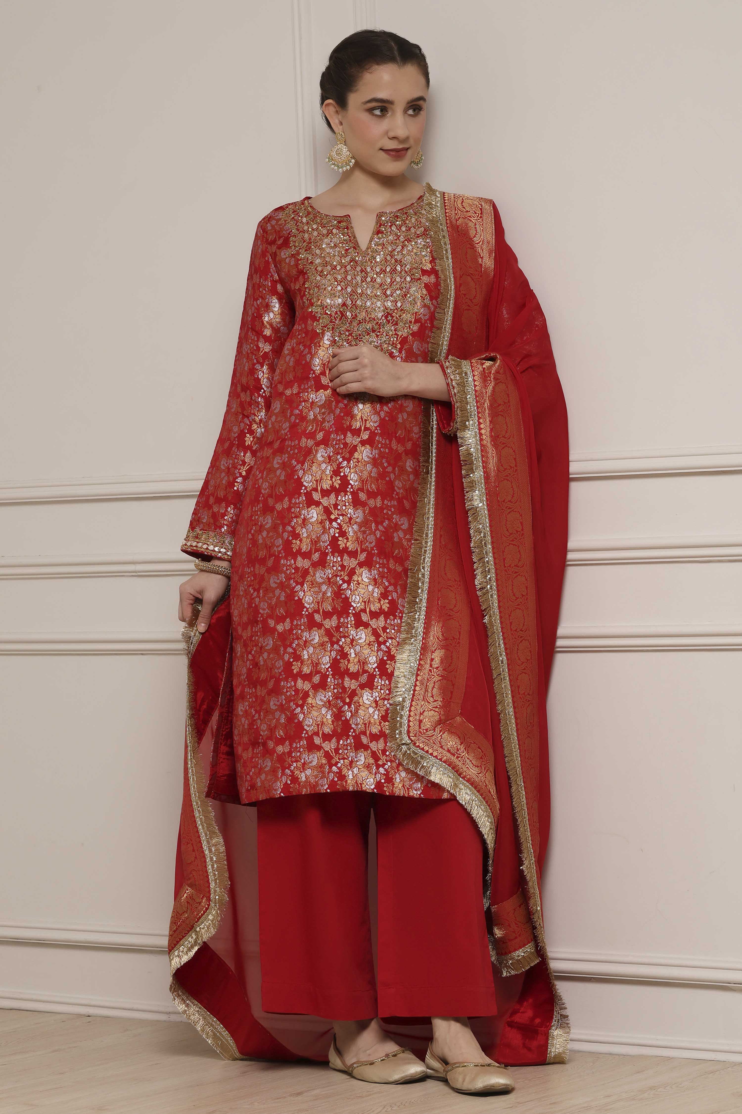 Red Viscose Rayon Straight Yarndyed Suit Set image number 0