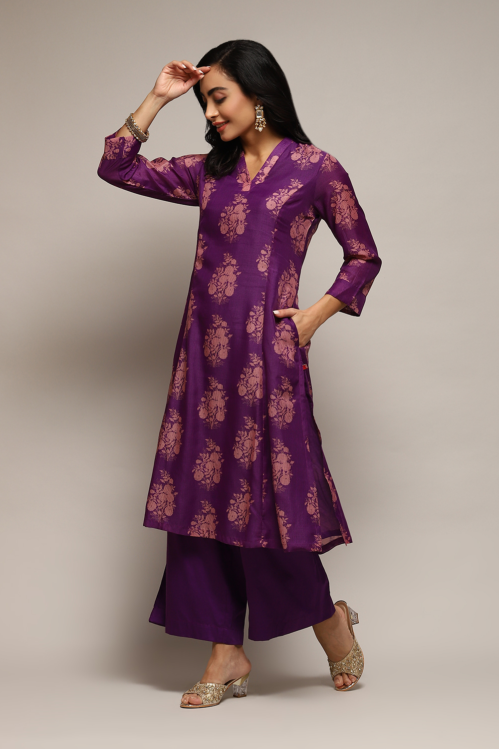 Pink Poly Chanderi A-Line Printed Kurta Palazzo Suit Set image number 3