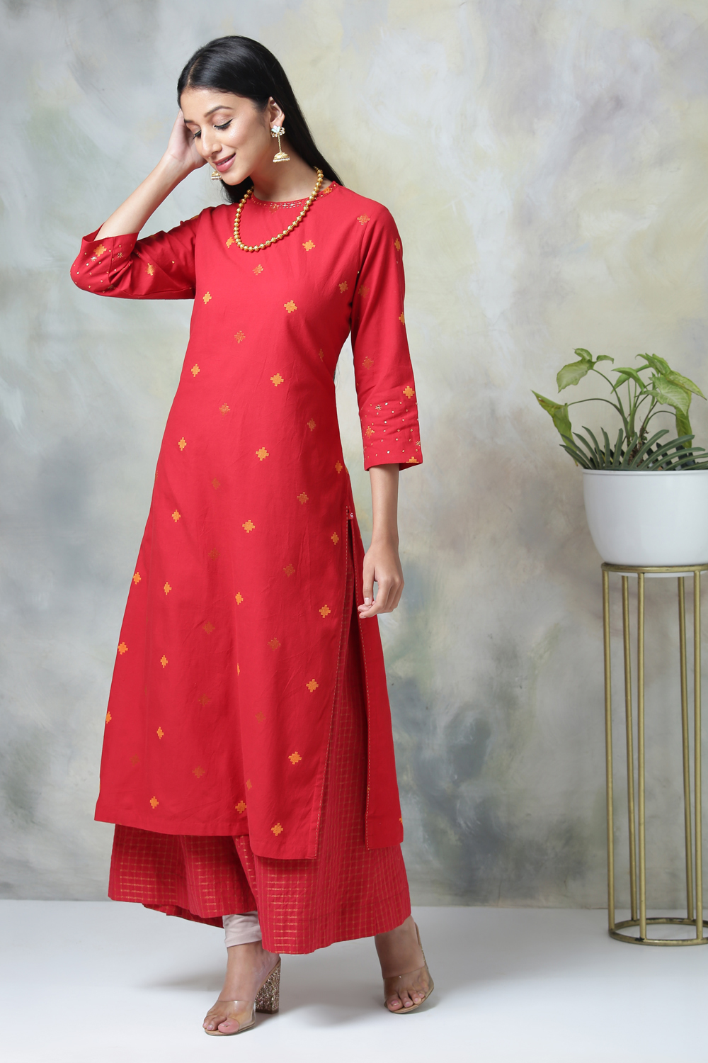 Red Cotton Straight Kurta Palazzo Suit Set image number 0