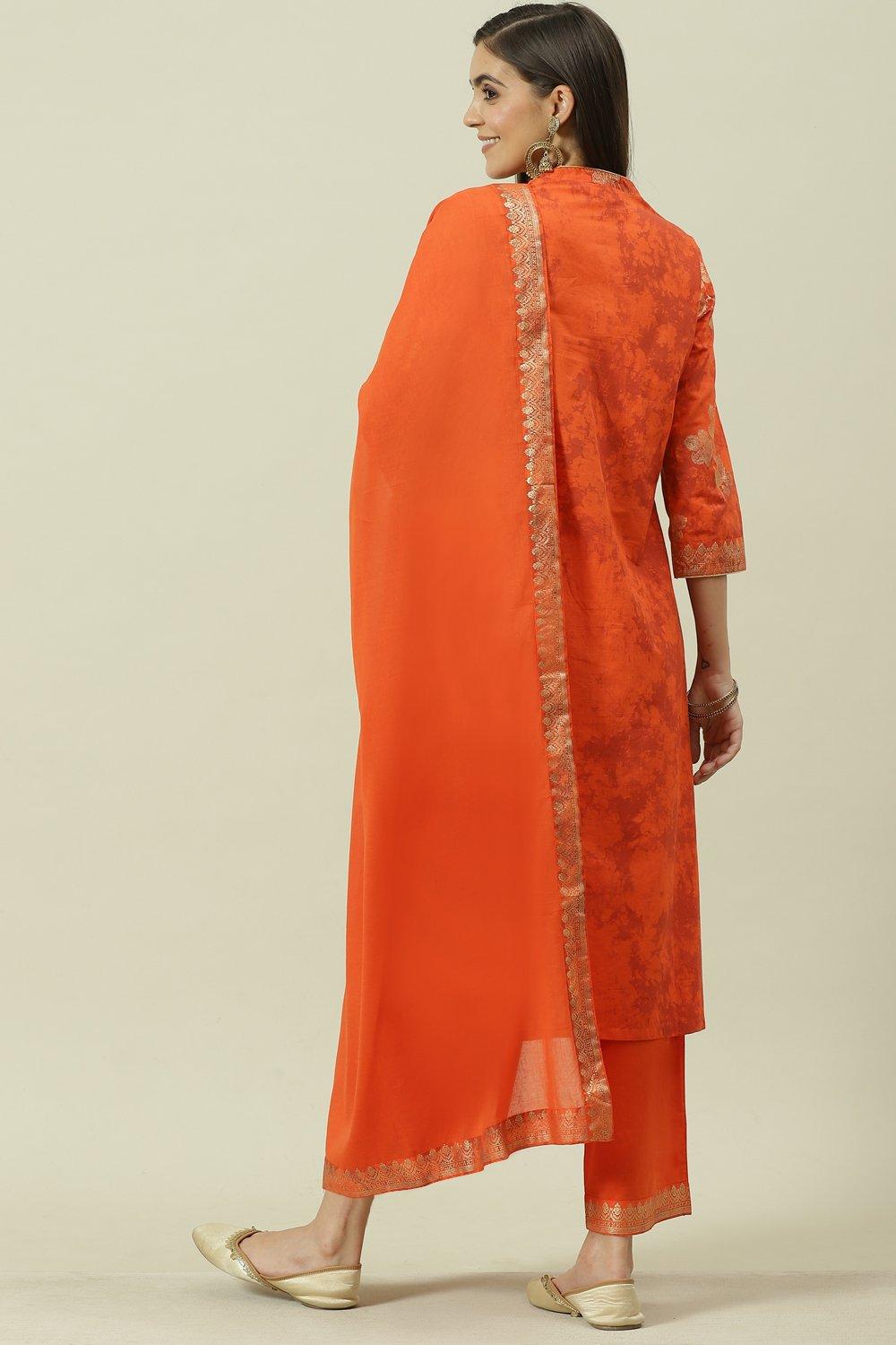 Saffron Printed Cotton Straight Kurta Palazzo Suit Set image number 4