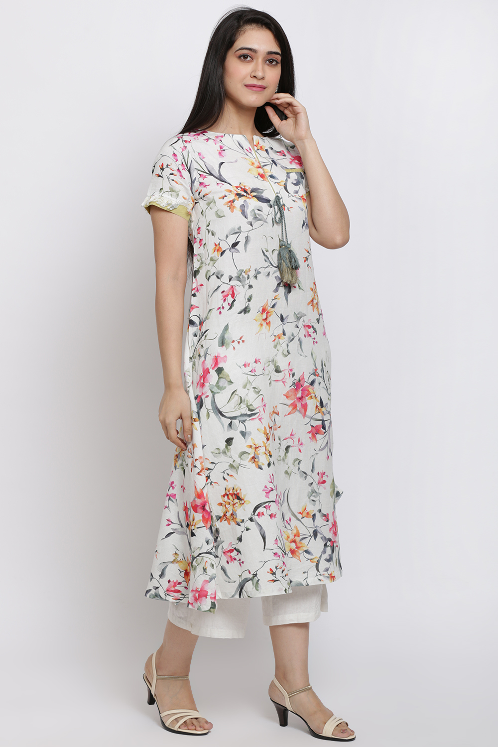 White Cotton Linen Flared Printed Kurta image number 0