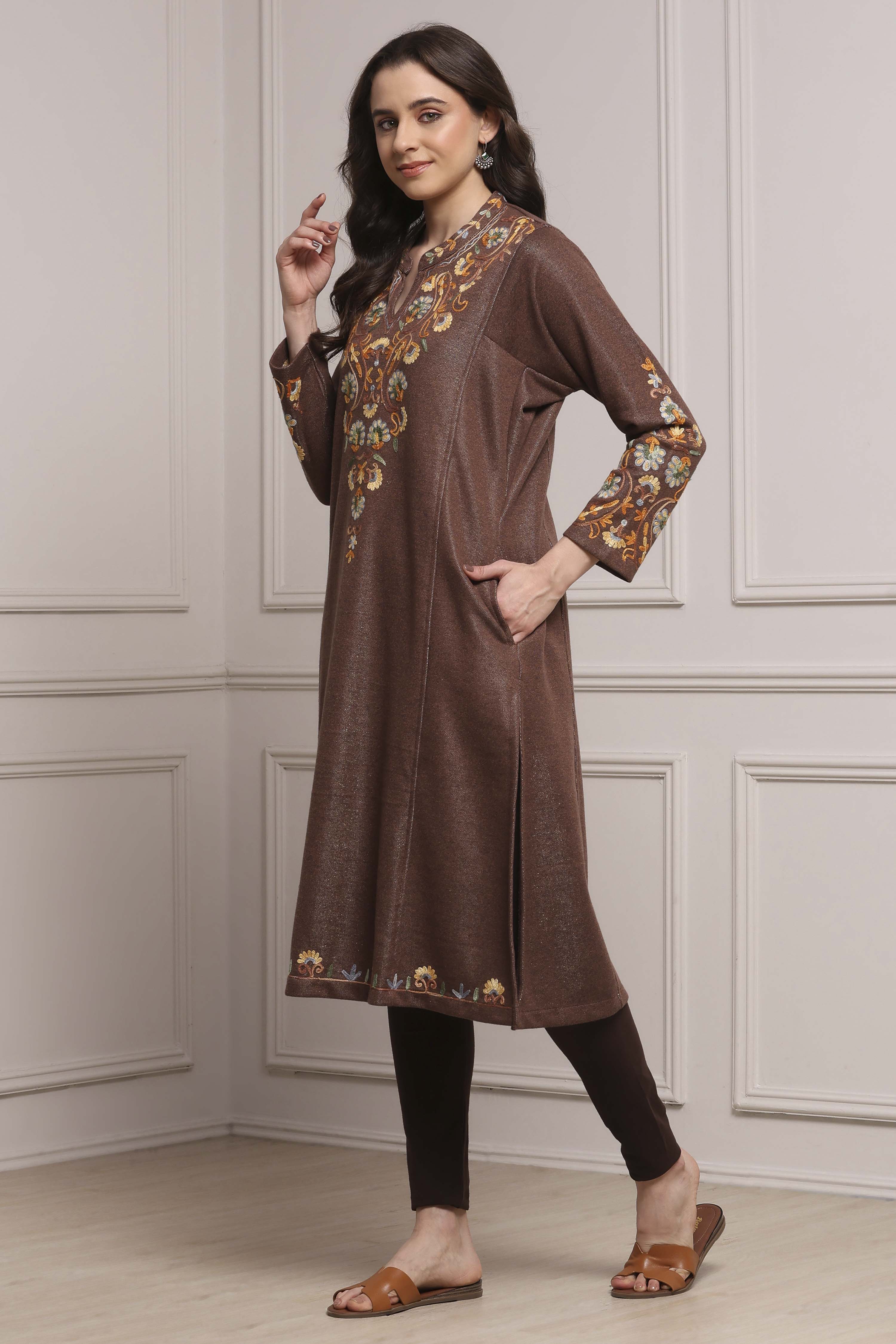 Brown Polyester Straight Yarndyed Kurta image number 2