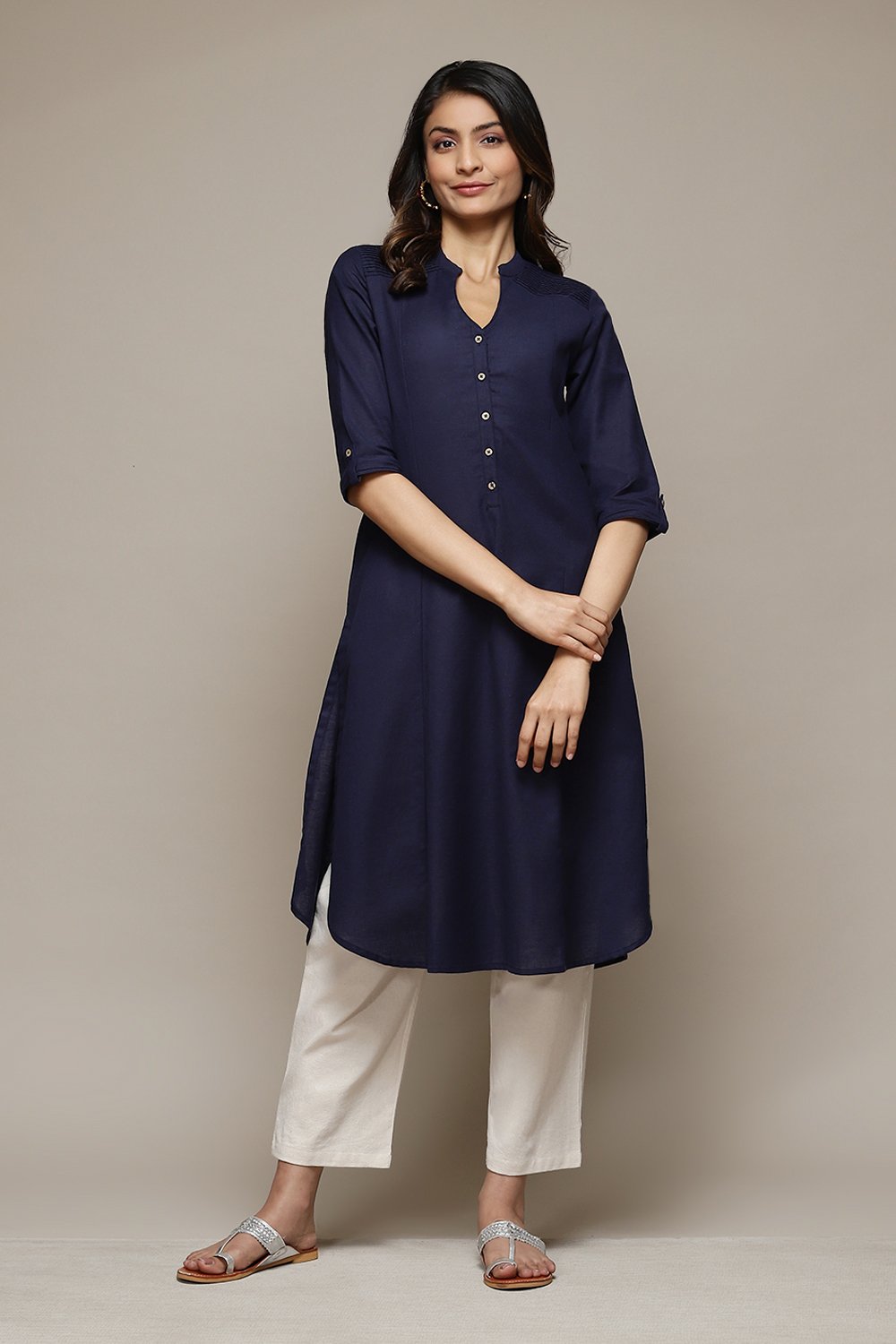 Navy Blue A-Line Solid Kurta image number 5