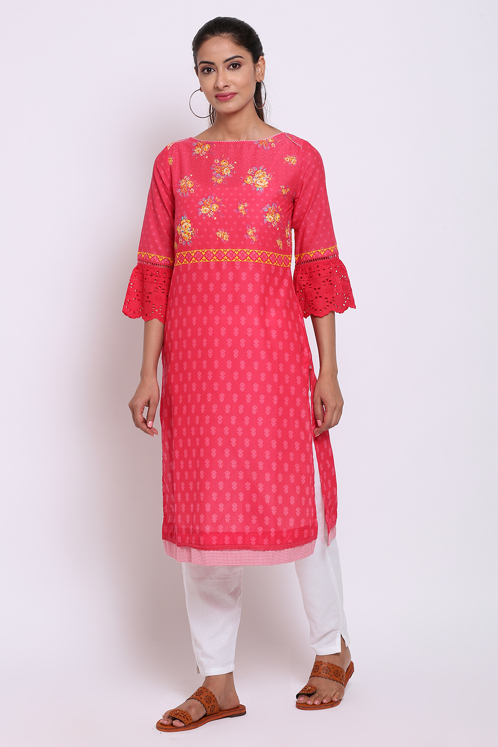 Pink Cotton Straight Printed Kurta image number 0