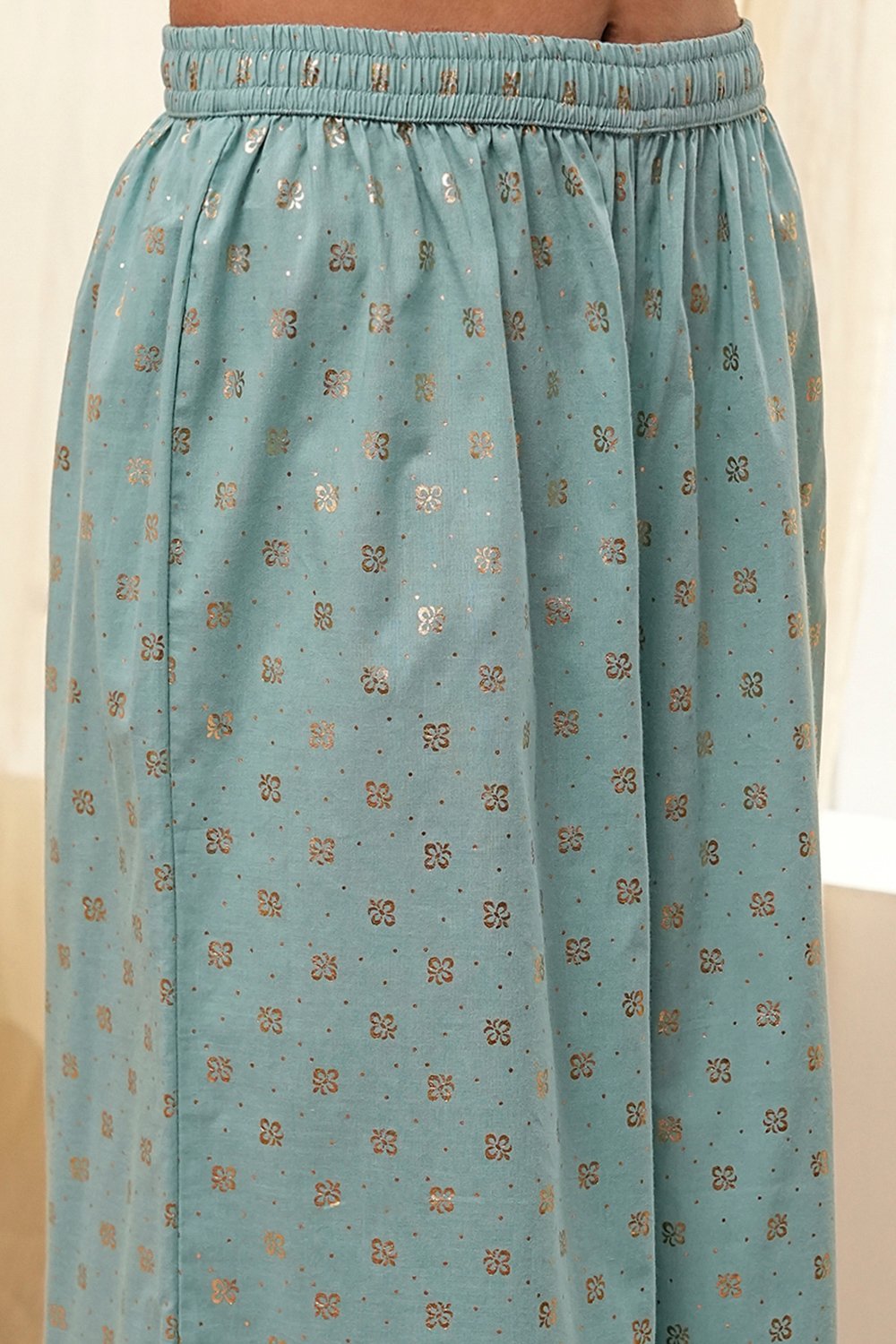 Dull Blue Cotton Embroidered Kalidar Suit Set image number 2