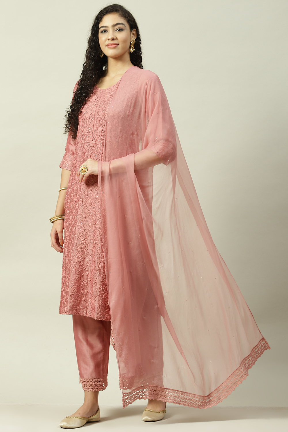 Onion Pink Cotton Silk Straight Kurta Palazzo Suit Set image number 5