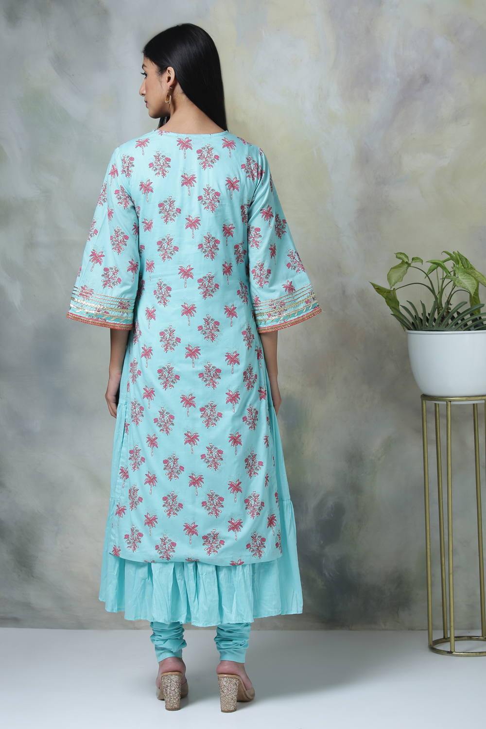 Turquoise Cotton Double Layered Kurta Churidar Suit Set image number 6