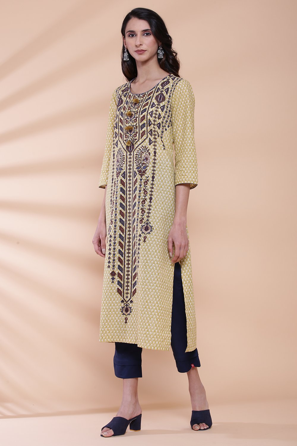 Blue Cotton Straight Printed Kurta image number 2